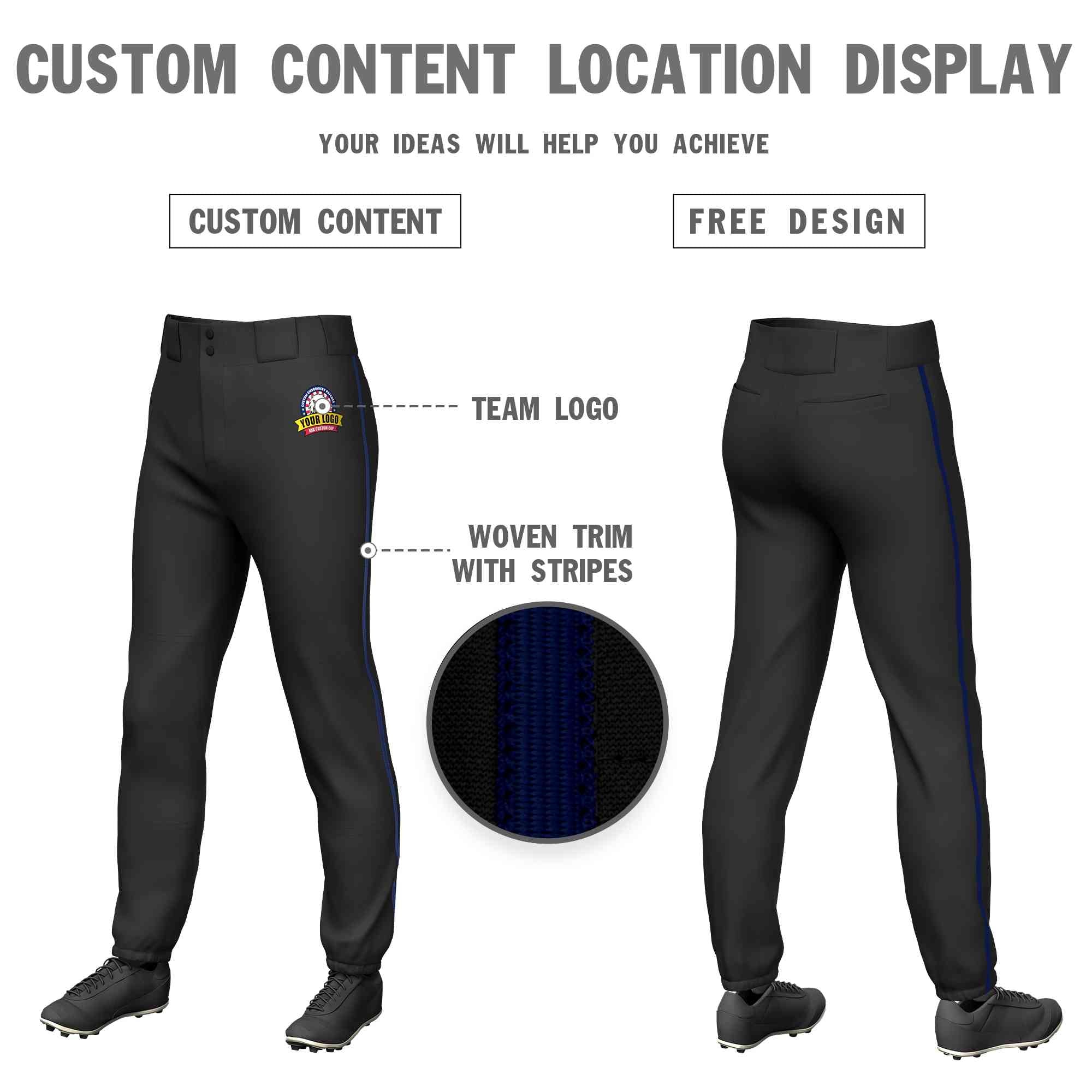 Custom Black Navy Classic Fit Stretch Practice Pull-up Baseball Pants