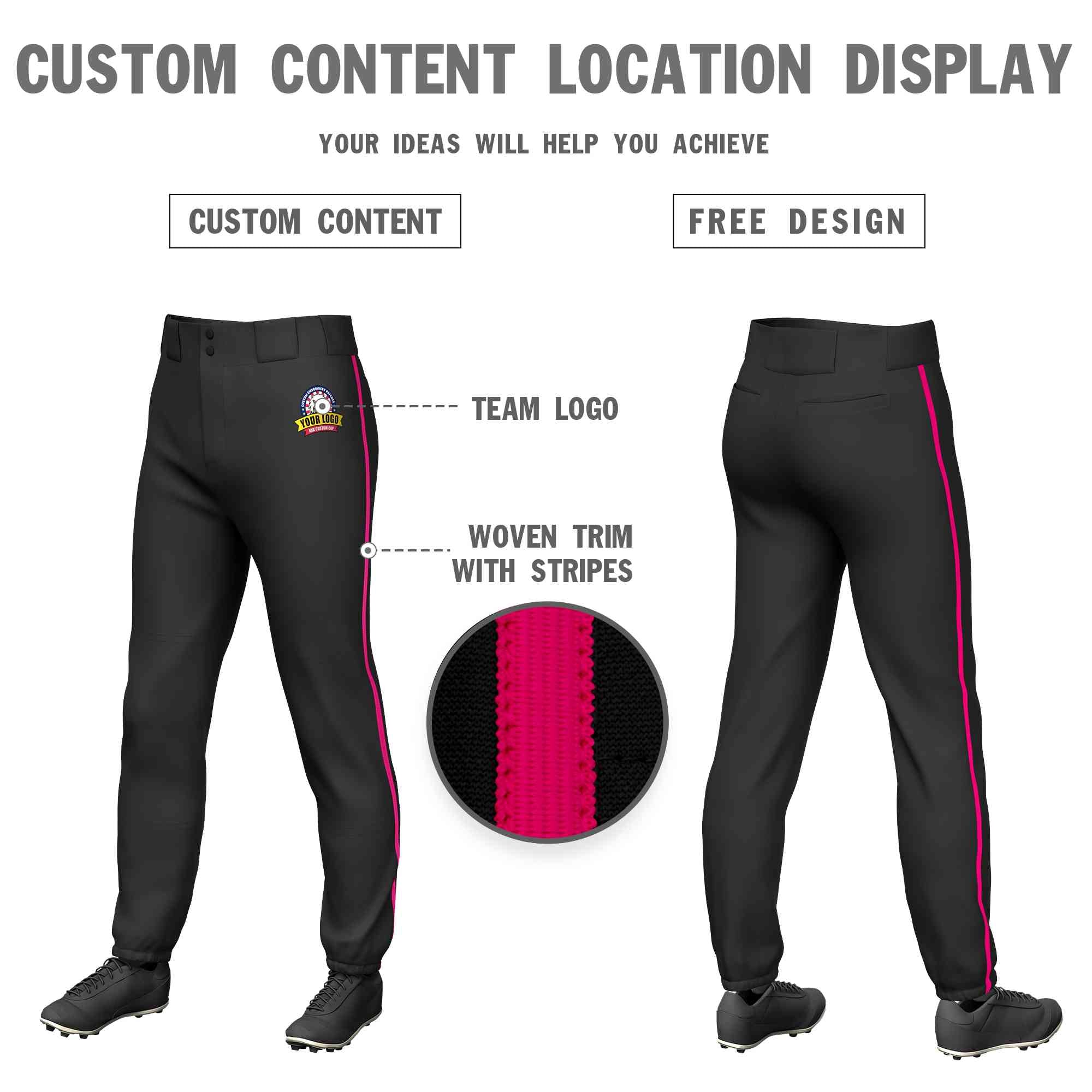 Custom Black Pink Classic Fit Stretch Practice Pull-up Baseball Pants