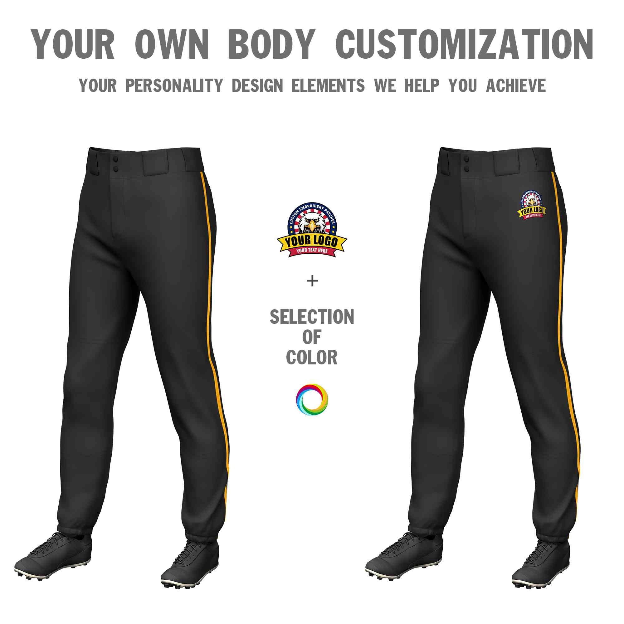 Custom Black Yellow Classic Fit Stretch Practice Pull-up Baseball Pants