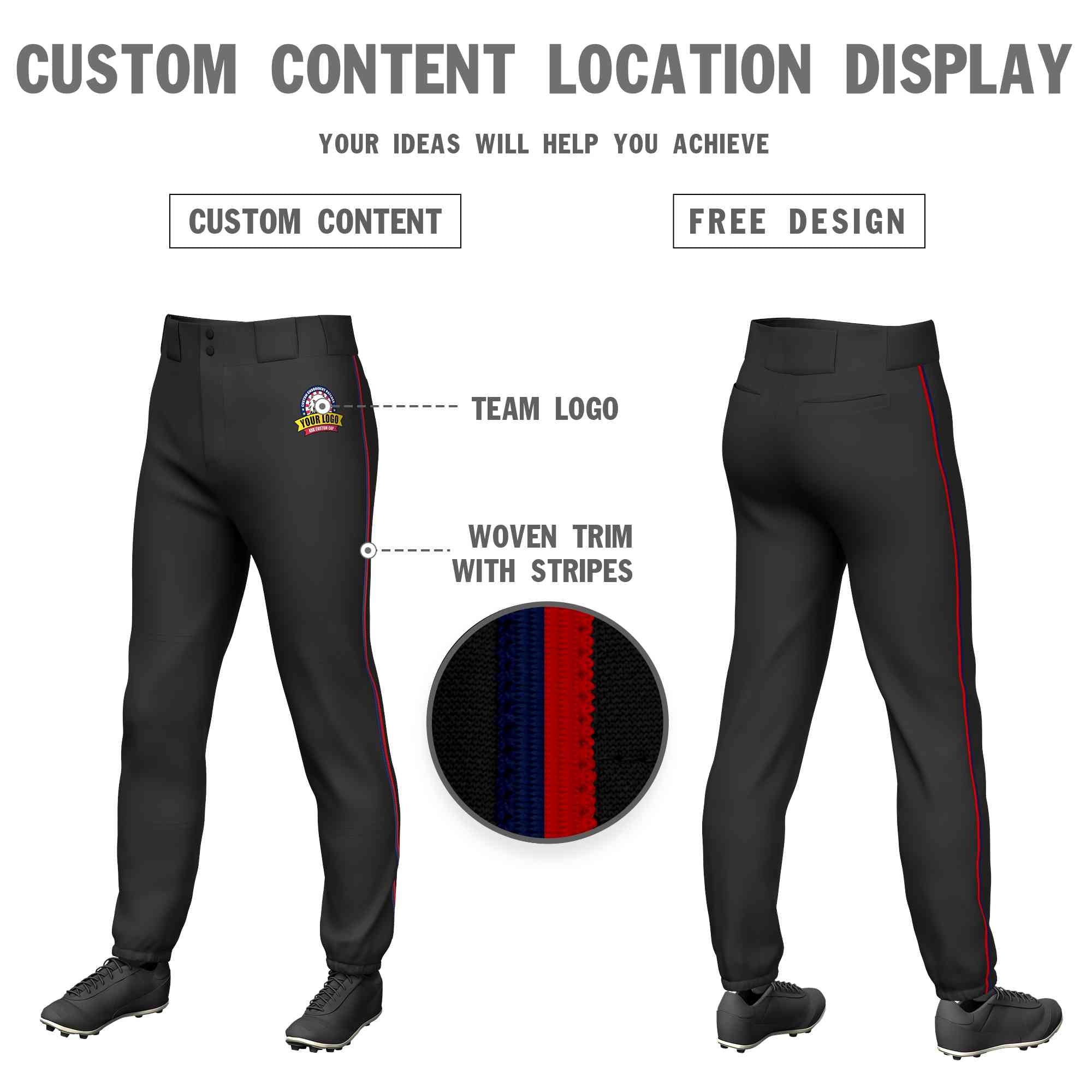 Custom Black Navy-Red Classic Fit Stretch Practice Pull-up Baseball Pants