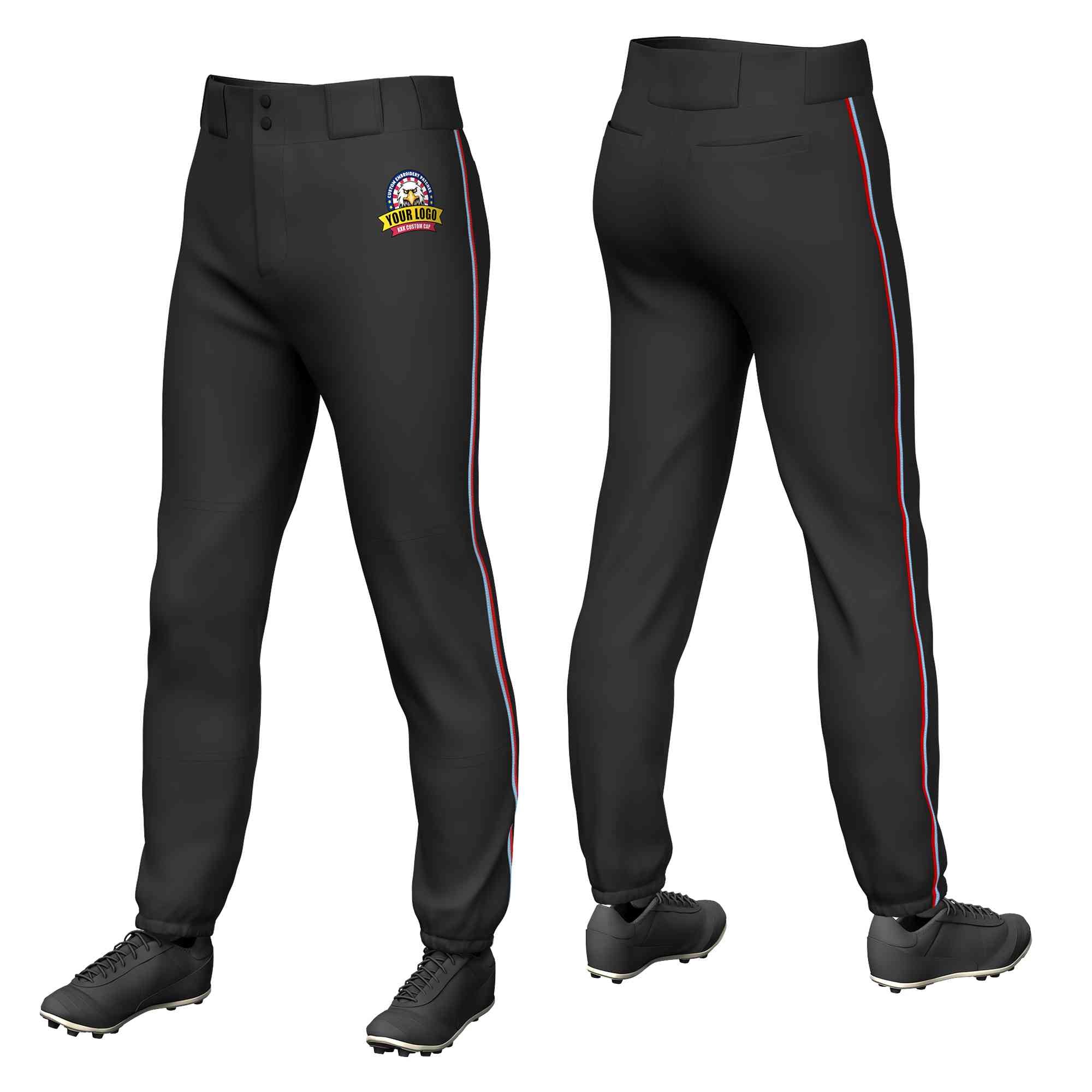 Pantalon de baseball pull-up extensible personnalisé noir bleu clair-rouge coupe classique