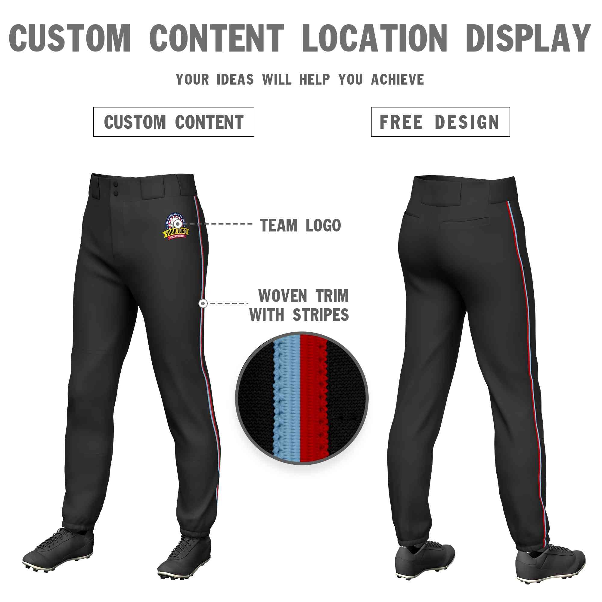 Pantalon de baseball pull-up extensible personnalisé noir bleu clair-rouge coupe classique