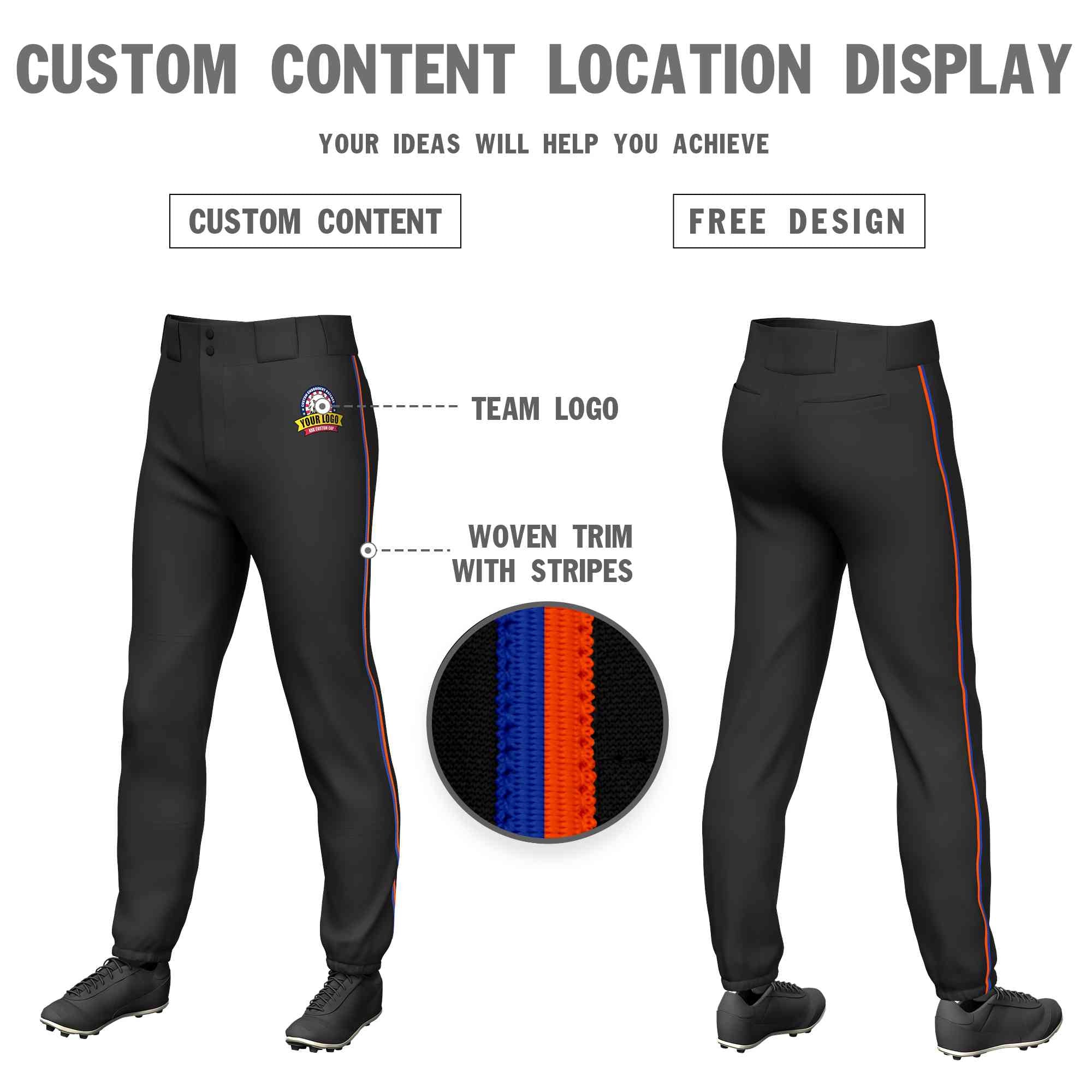 Pantalon de baseball pull-up extensible noir royal-orange personnalisé