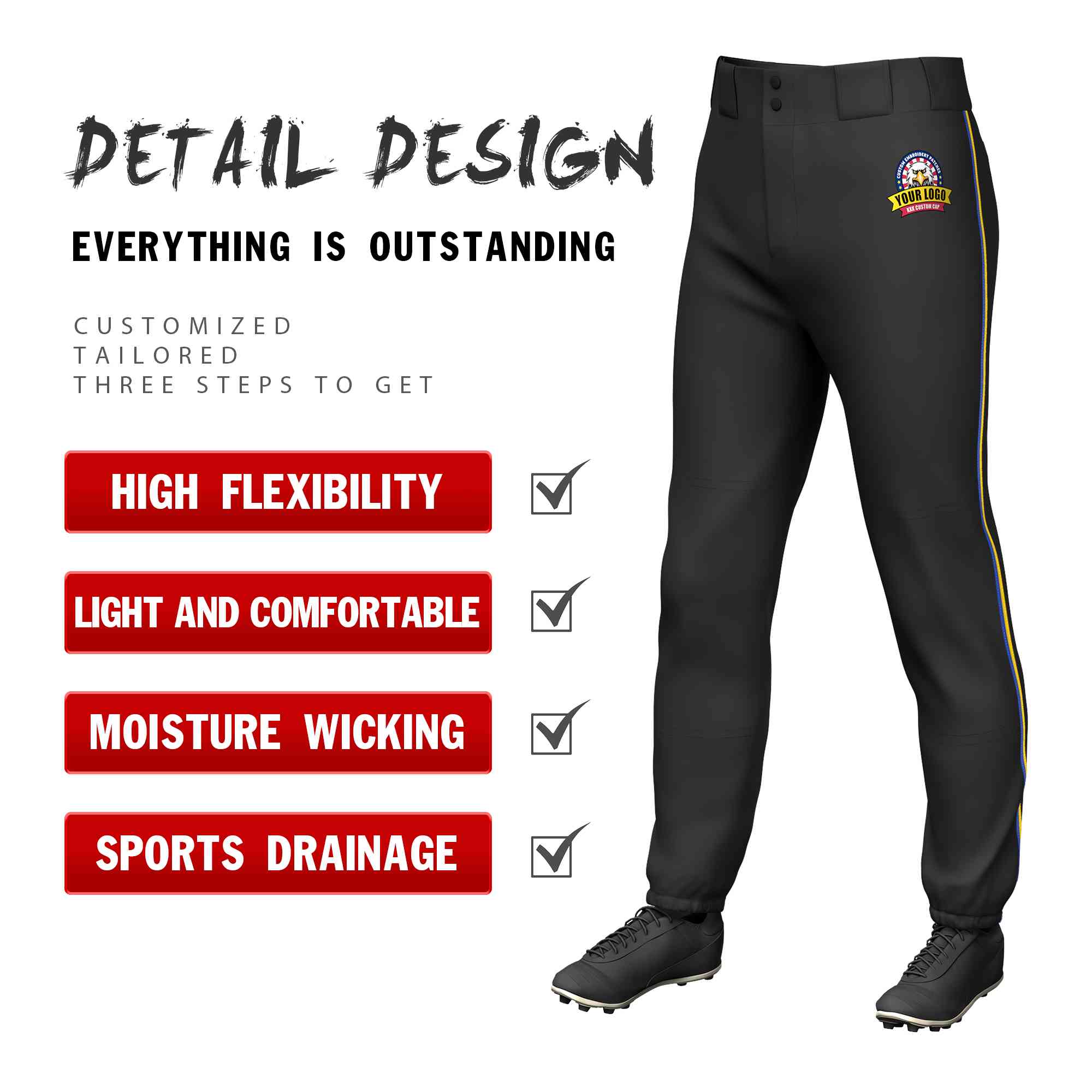 Custom Black Royal-Gold Classic Fit Stretch Practice Pull-up Baseball Pants