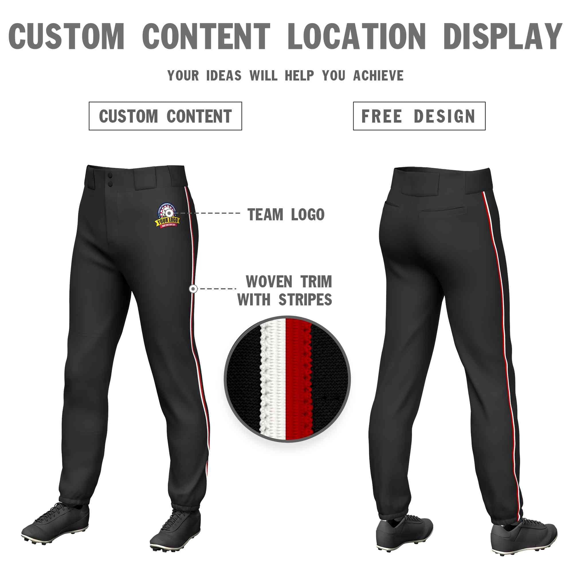 Custom Black White-Red Classic Fit Stretch Practice Pull-up Baseball Pants