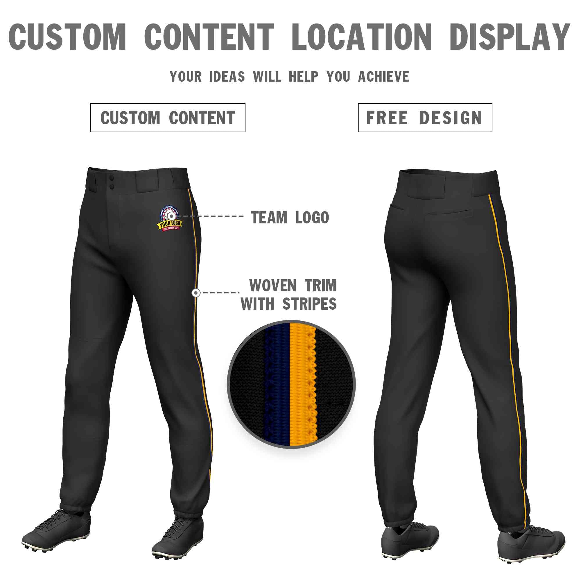 Pantalon de baseball pull-up extensible, coupe classique, noir, jaune marine, personnalisé