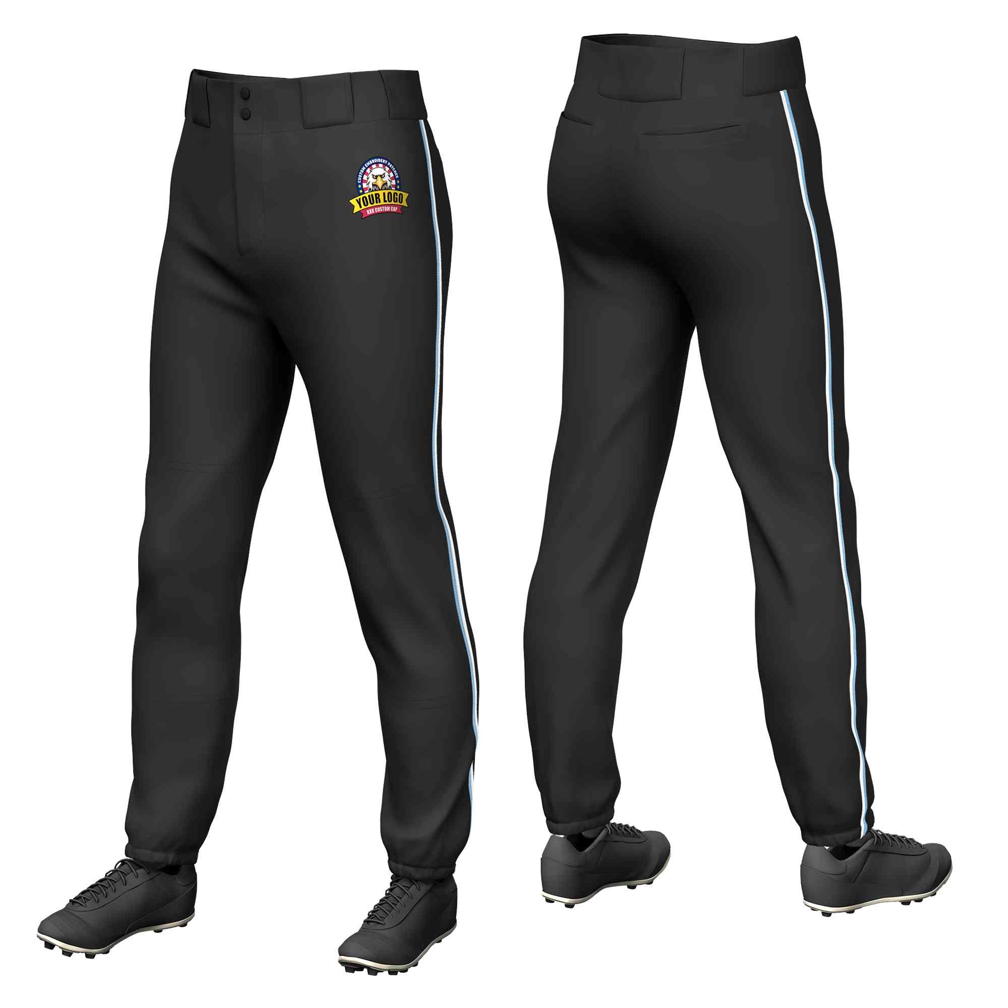 Pantalon de baseball pull-up extensible, coupe classique, personnalisé, noir, bleu clair et blanc