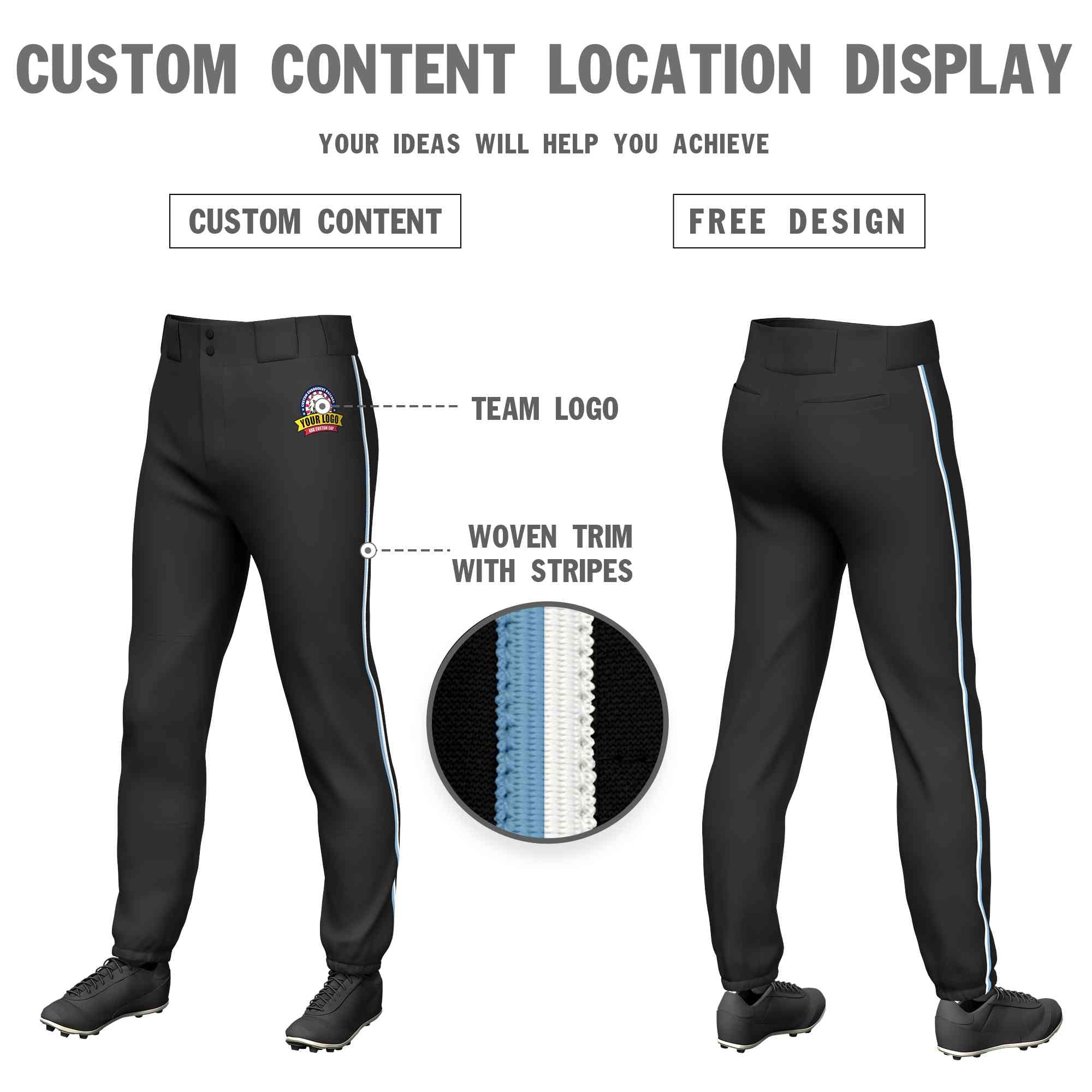 Pantalon de baseball pull-up extensible, coupe classique, personnalisé, noir, bleu clair et blanc