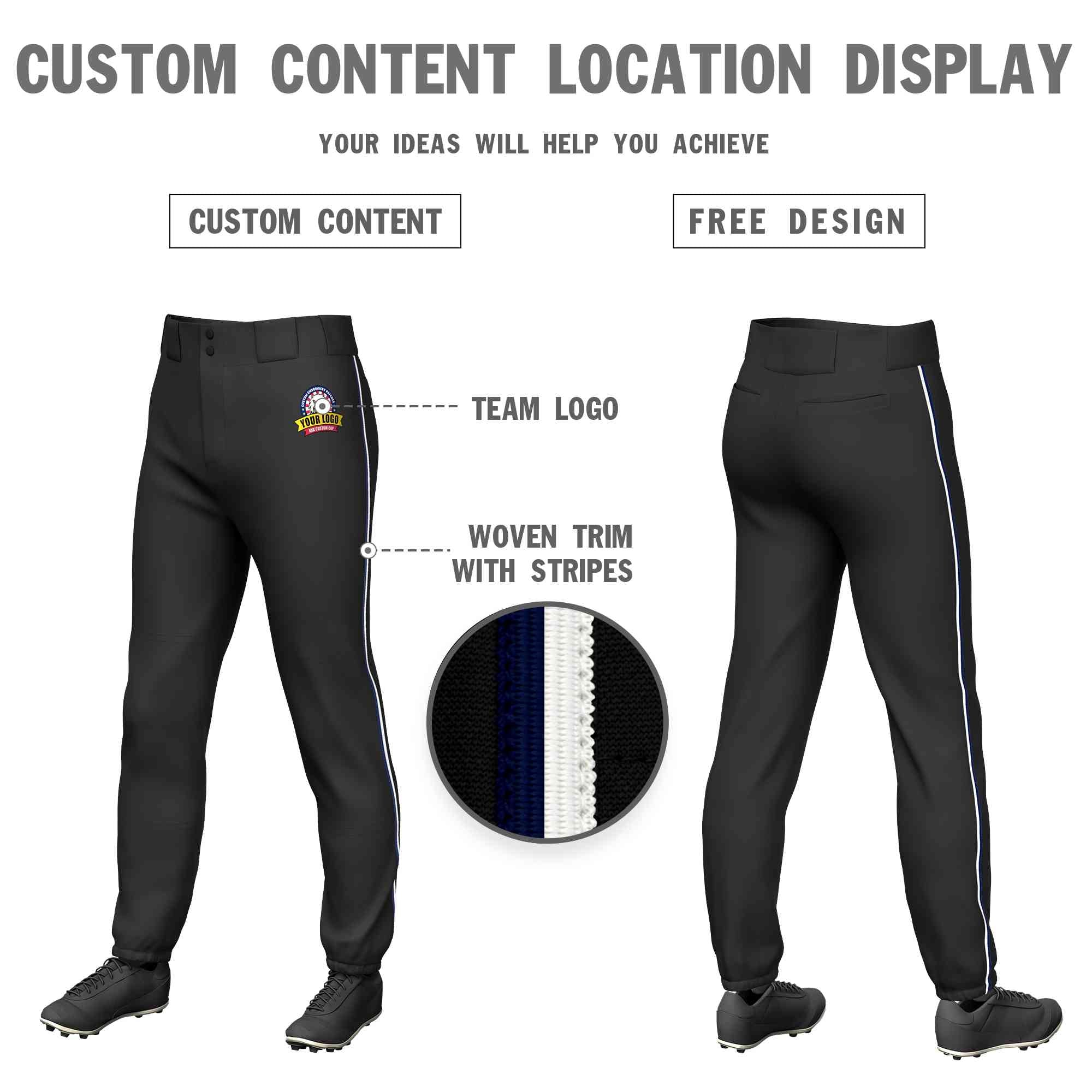 Pantalon de baseball pull-up extensible, coupe classique, personnalisé, noir, bleu marine et blanc