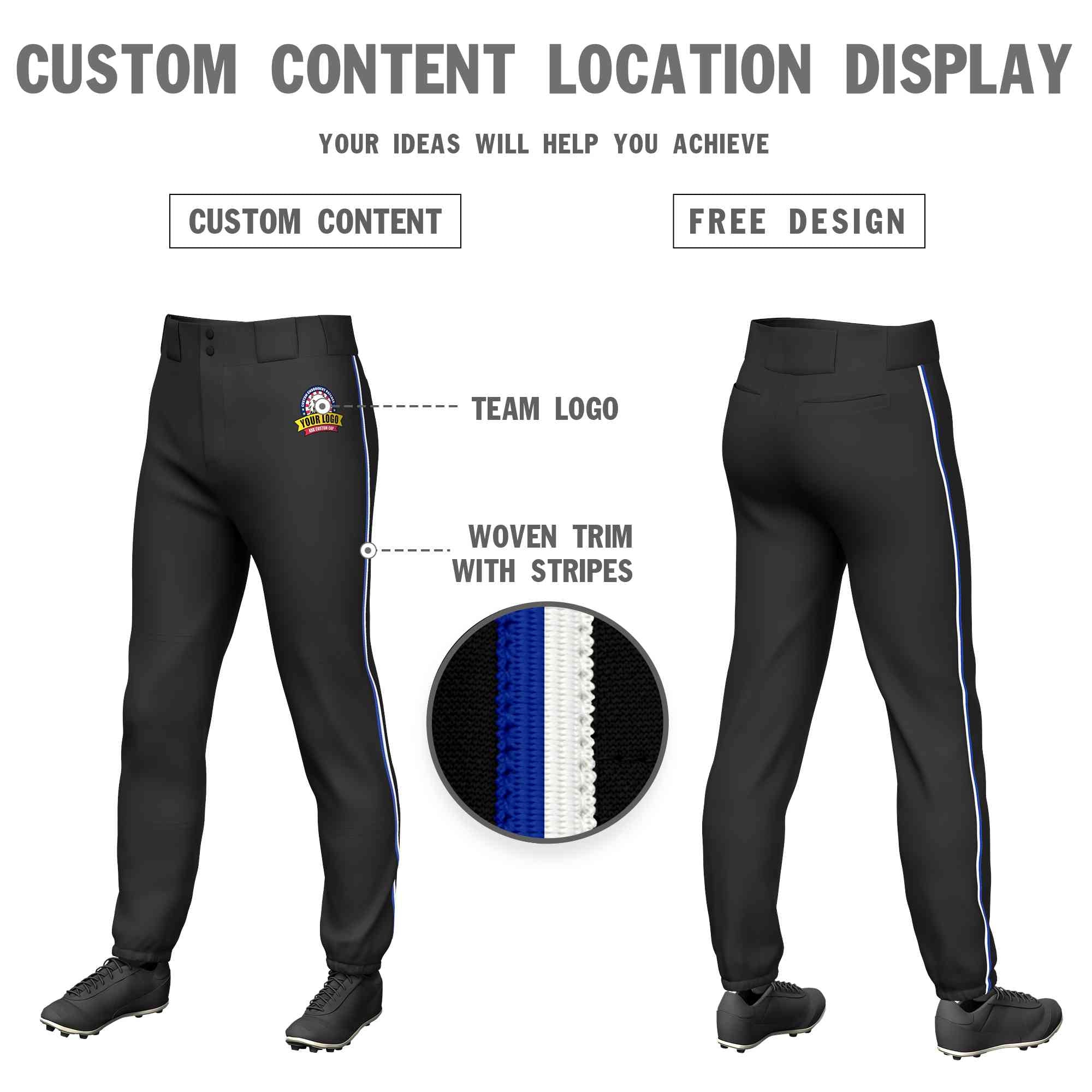 Pantalon de baseball pull-up extensible noir royal-blanc personnalisé