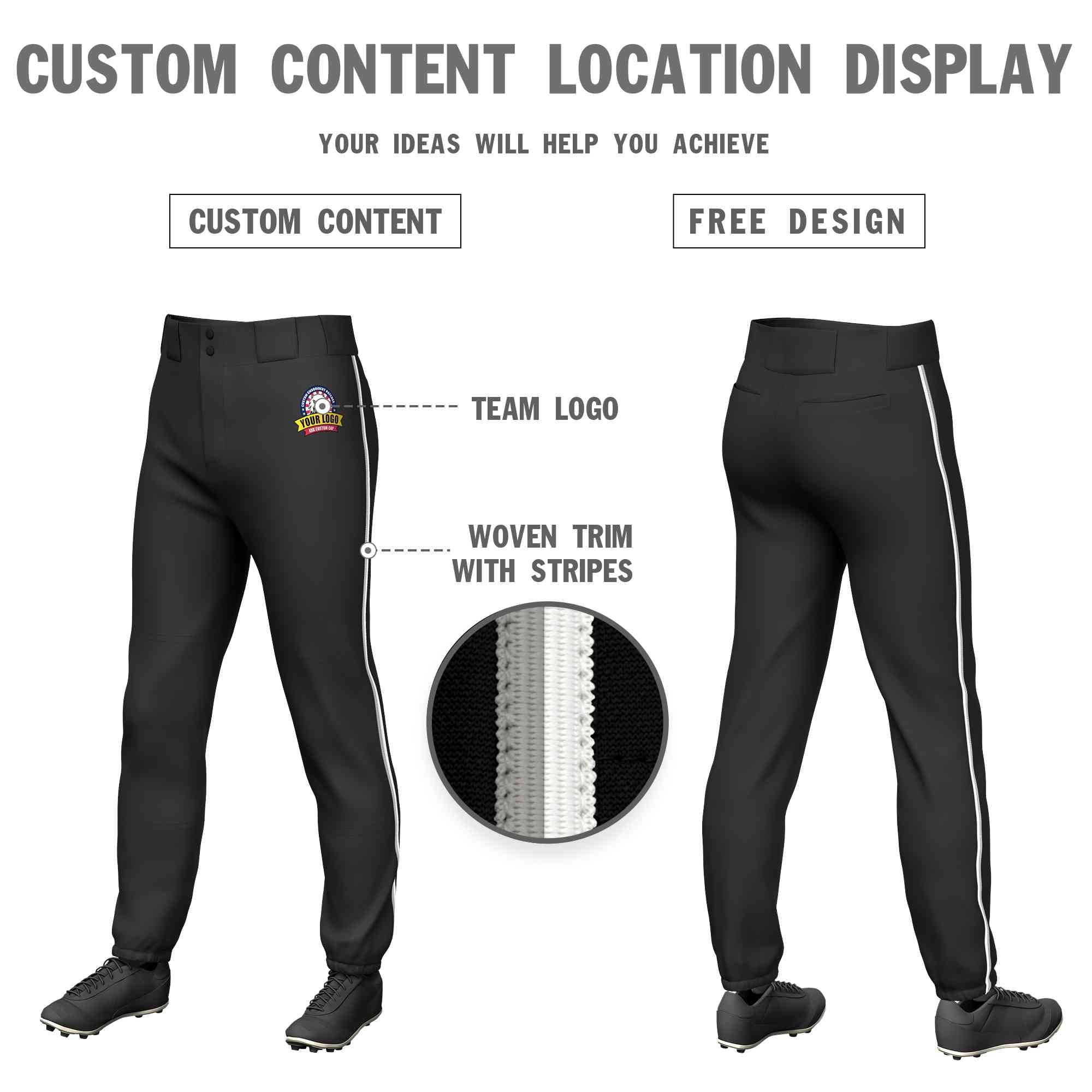 Pantalon de baseball pull-up extensible, coupe classique, personnalisé, noir, gris-blanc