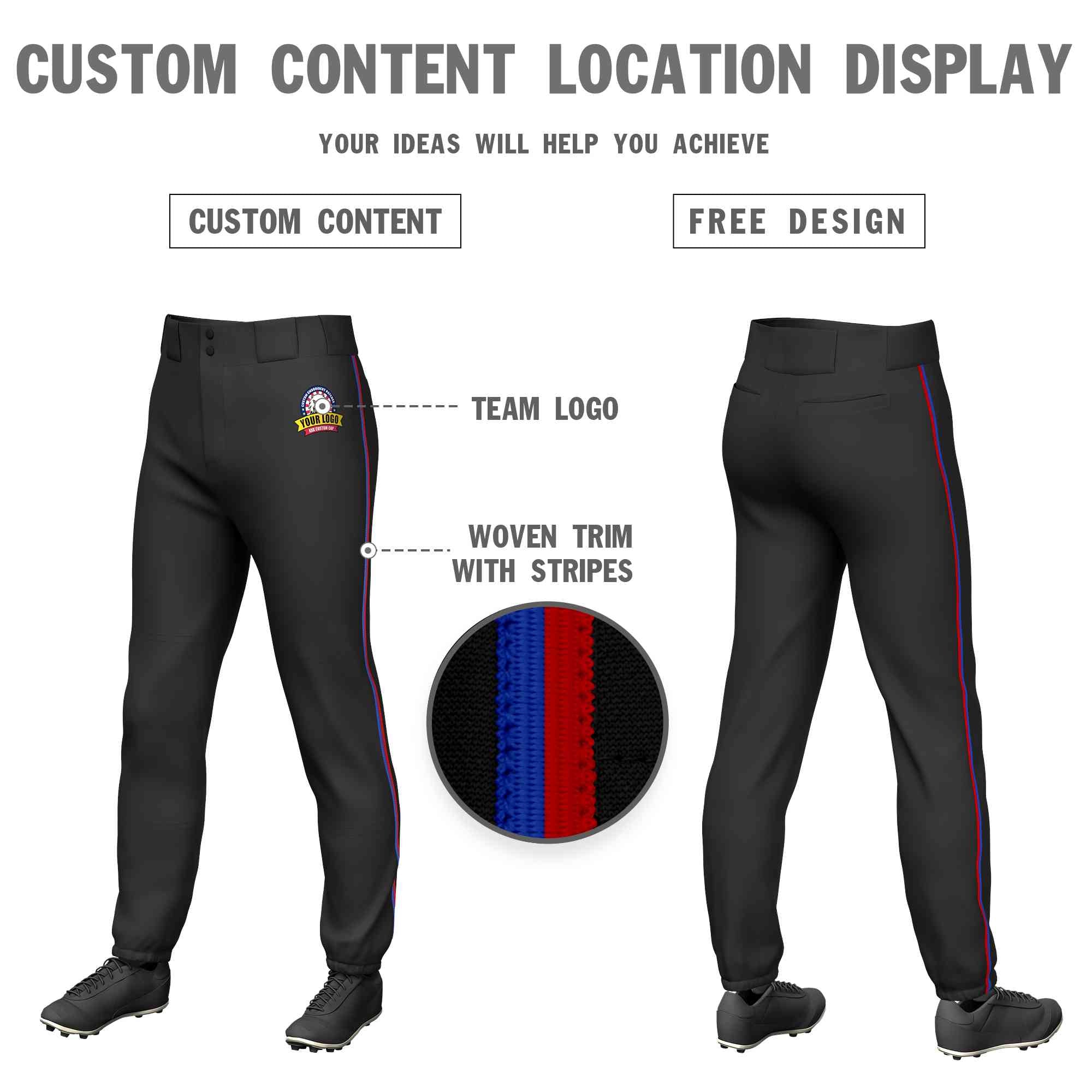 Custom Black Royal-Red Classic Fit Stretch Practice Pull-up Baseball Pants