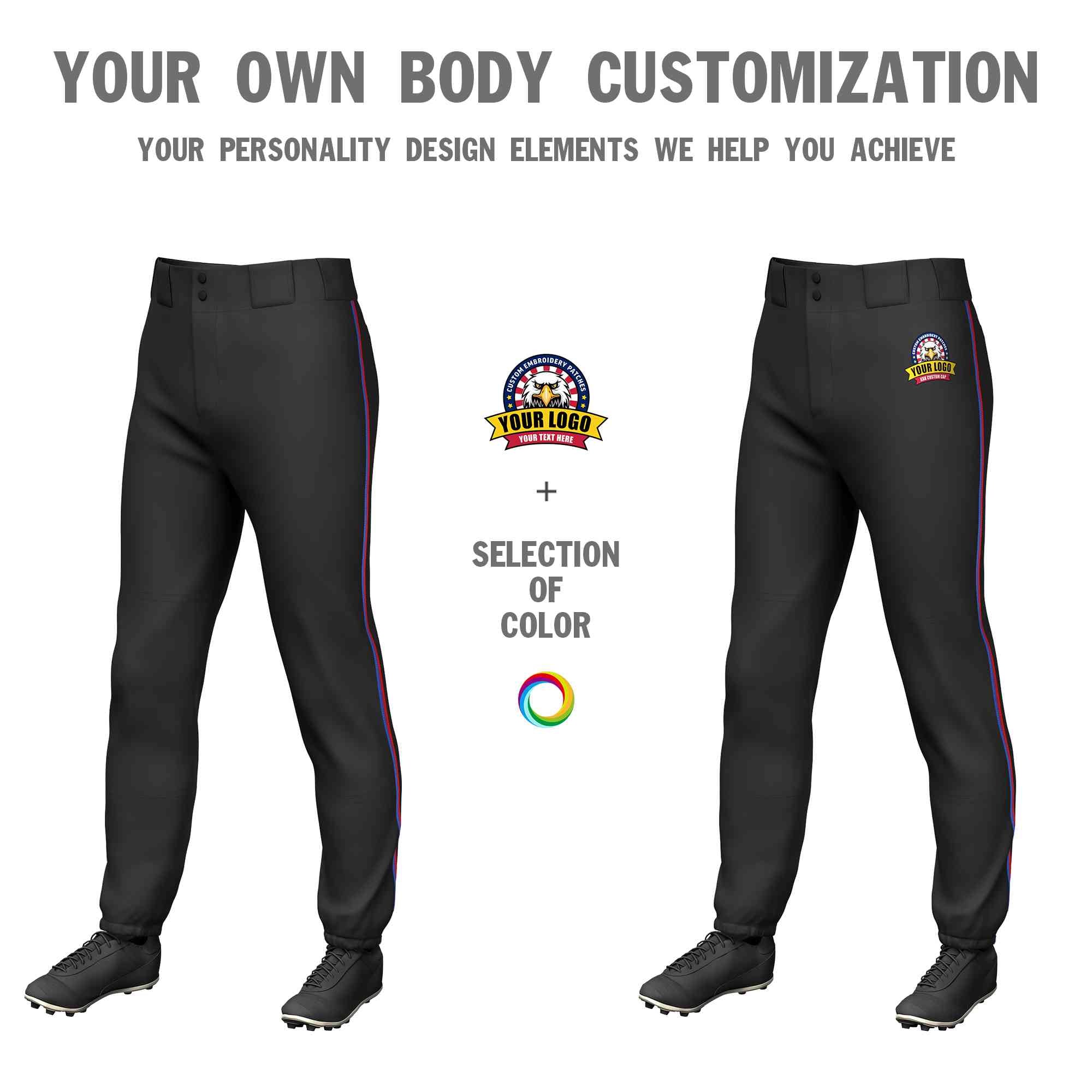 Custom Black Royal-Red Classic Fit Stretch Practice Pull-up Baseball Pants