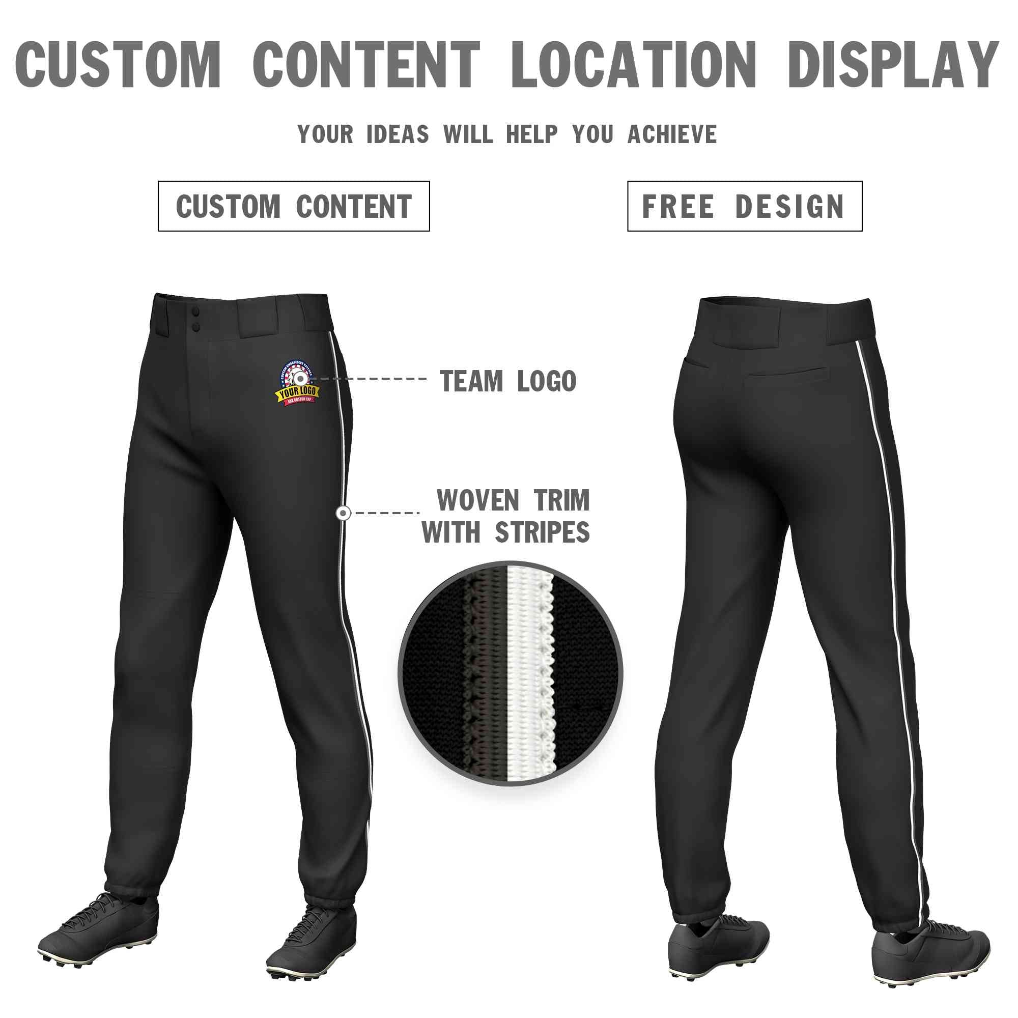 Pantalon de baseball pull-up extensible, coupe classique, personnalisé, noir, gris foncé et blanc