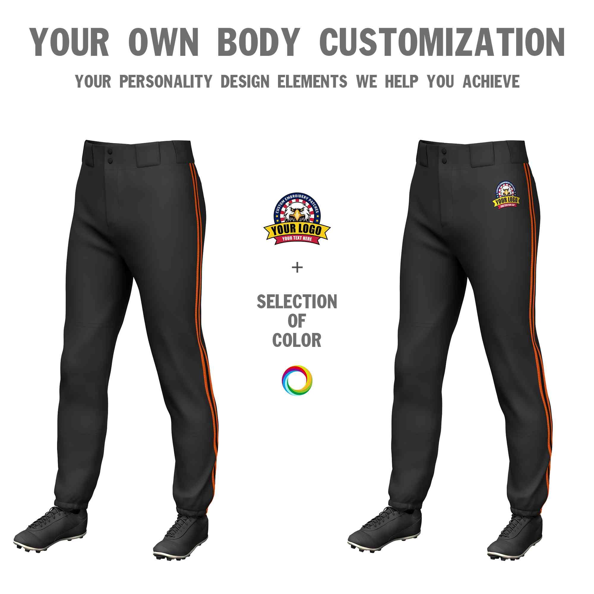 Custom Black Orange Black-Orange Classic Fit Stretch Practice Pull-up Baseball Pants