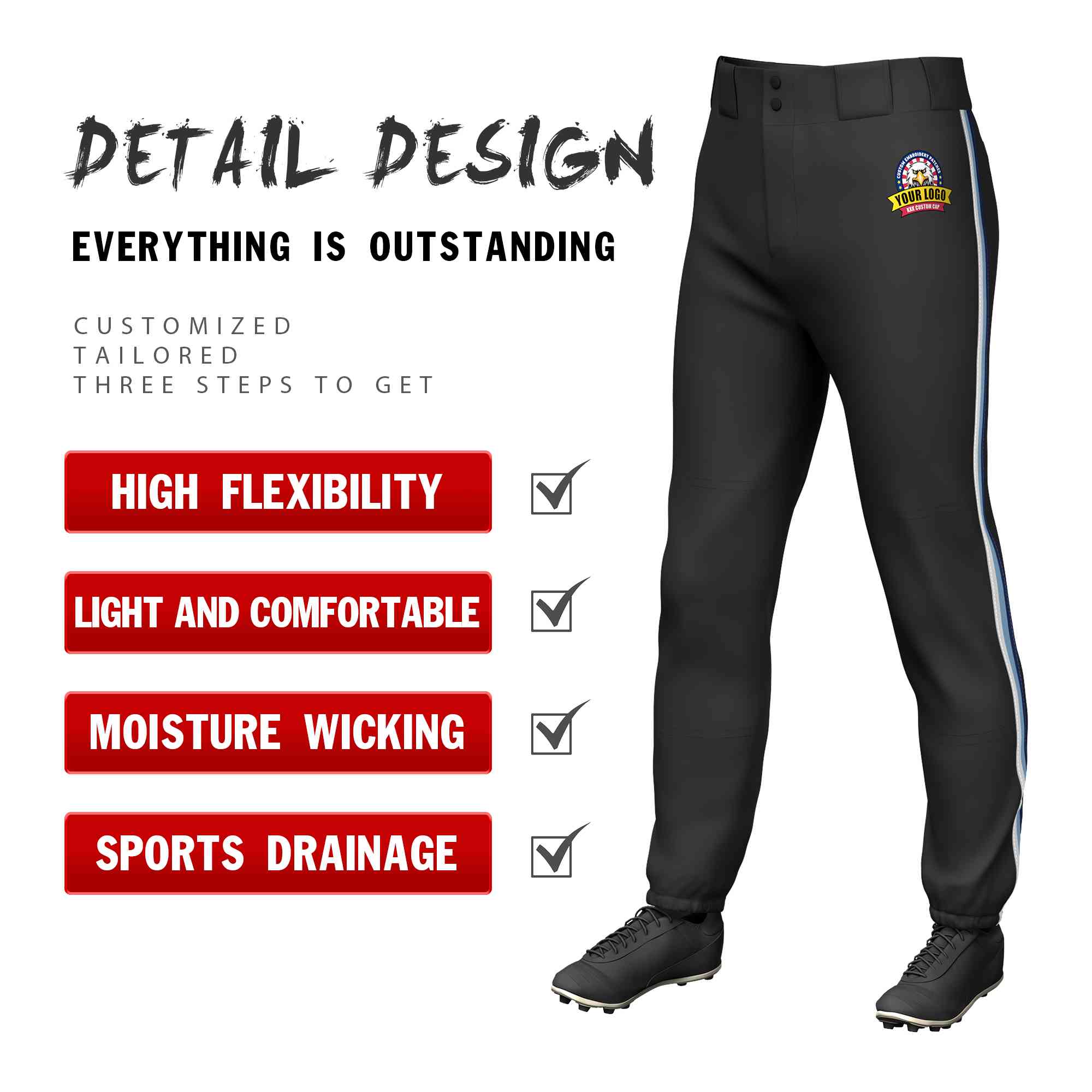 Custom Black White Light Blue-Navy Classic Fit Stretch Practice Pull-up Baseball Pants