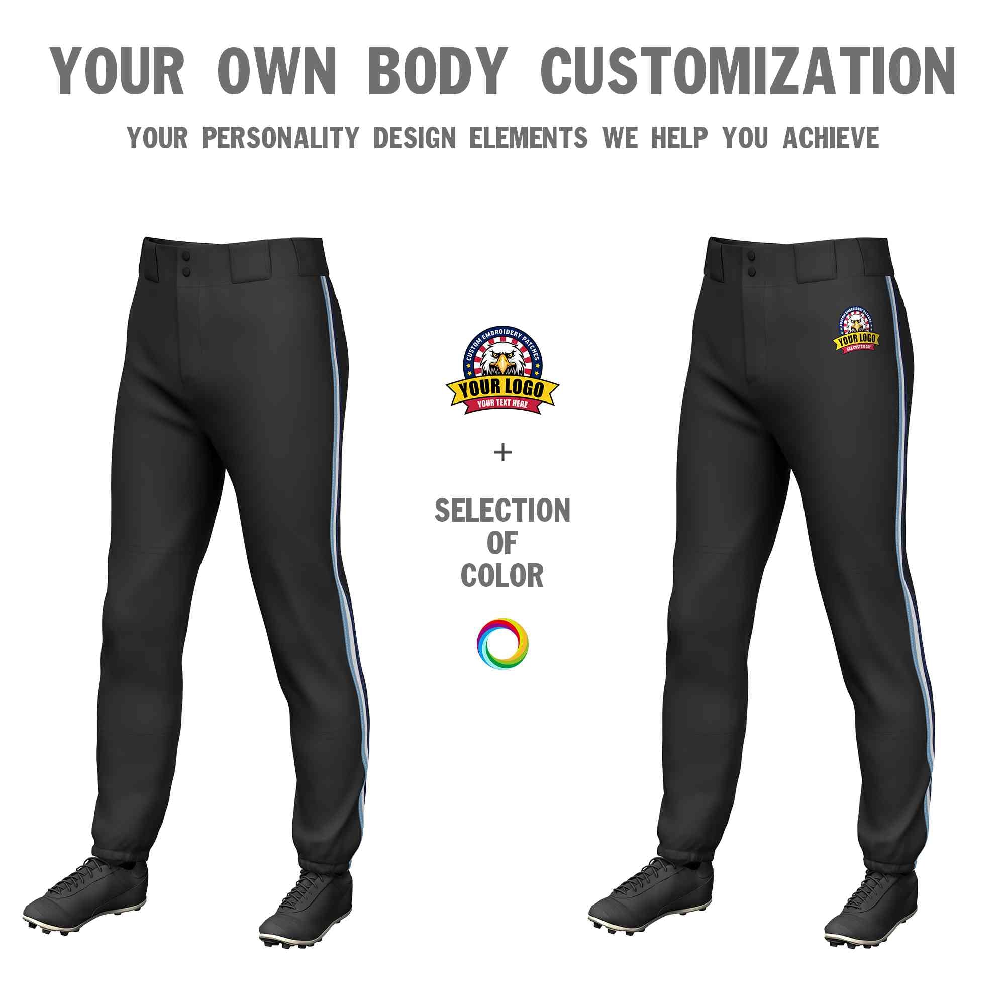 Custom Black Light Blue White-Navy Classic Fit Stretch Practice Pull-up Baseball Pants