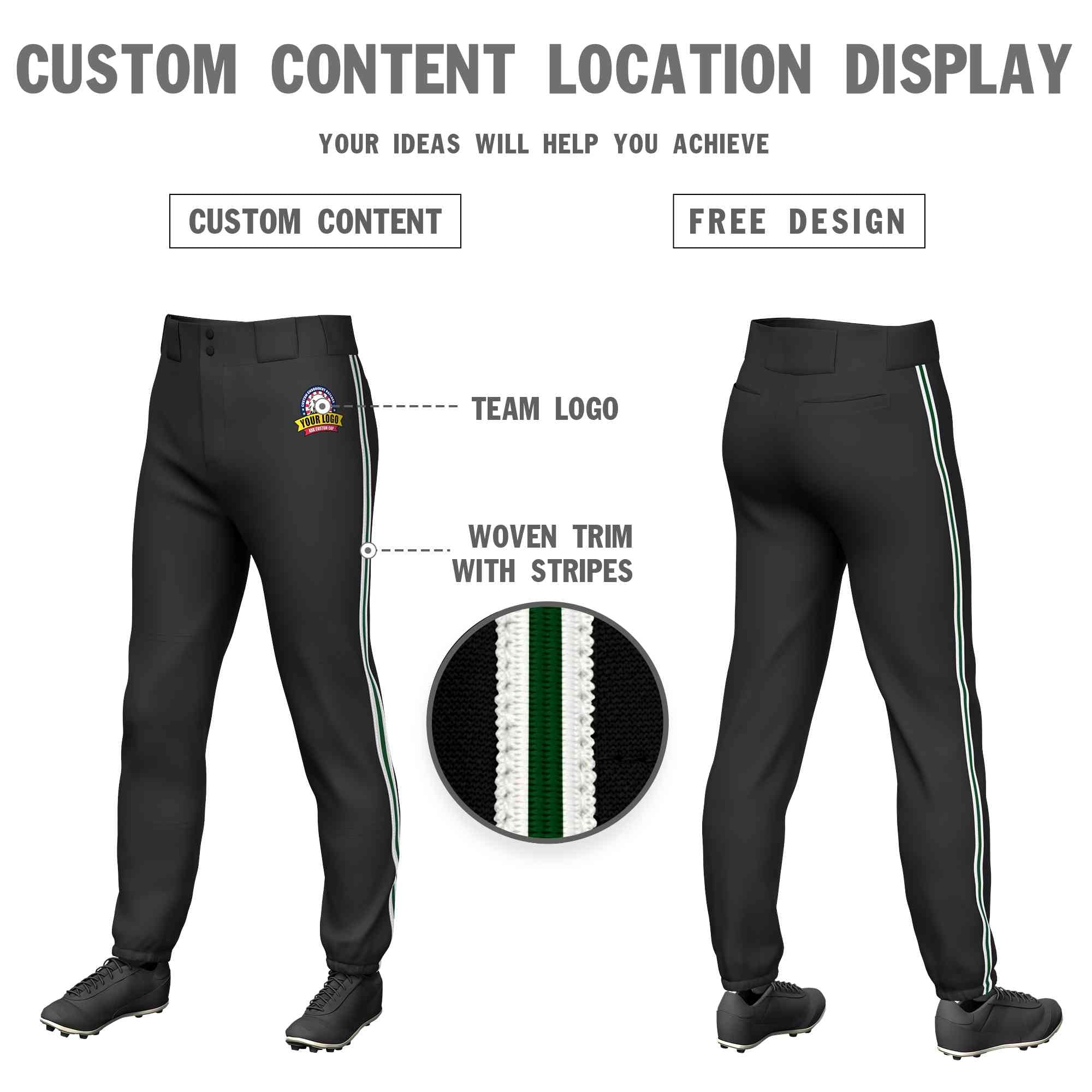 Custom Black White Green-White Classic Fit Stretch Practice Pull-up Baseball Pants