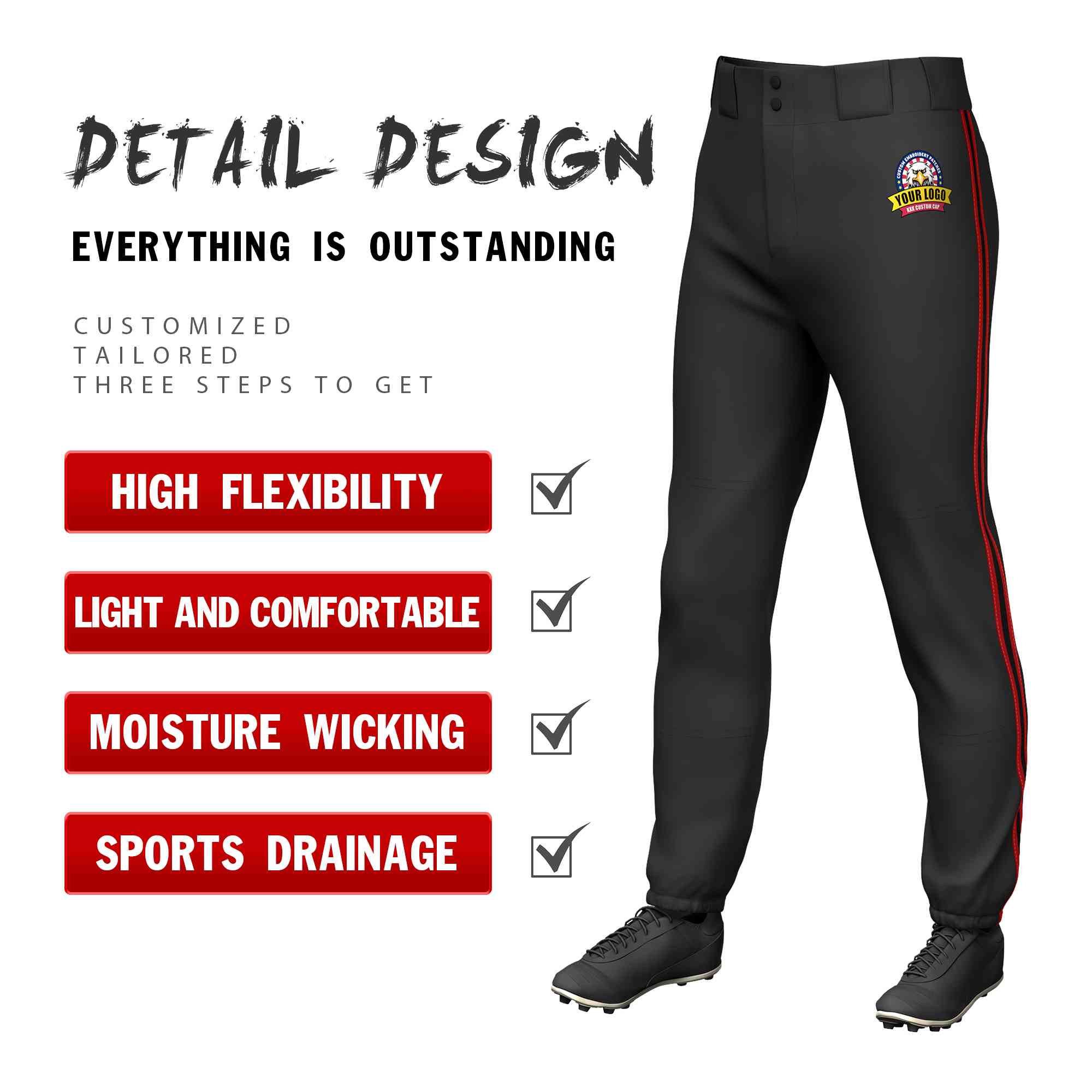 Pantalon de baseball pull-up extensible, coupe classique, personnalisé, noir, rouge, noir-rouge