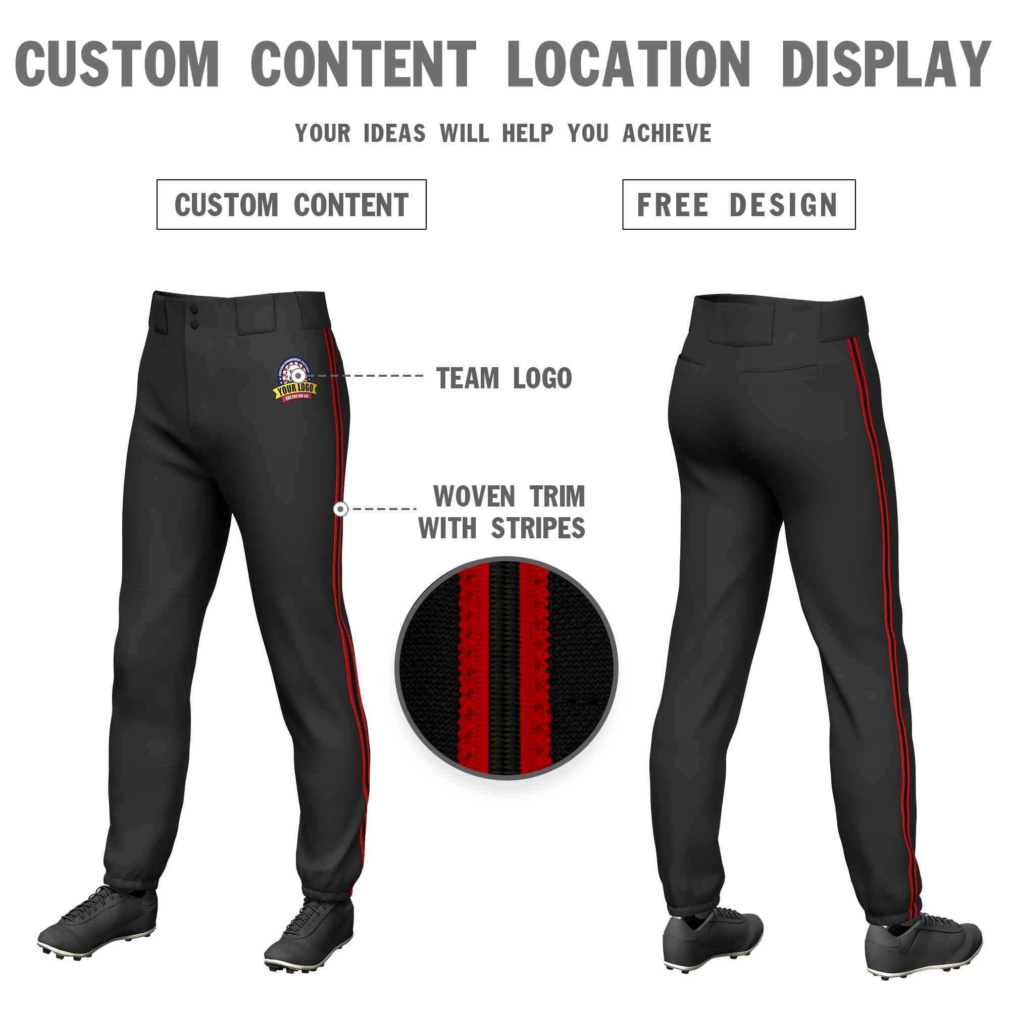 Pantalon de baseball pull-up extensible, coupe classique, personnalisé, noir, rouge, noir-rouge