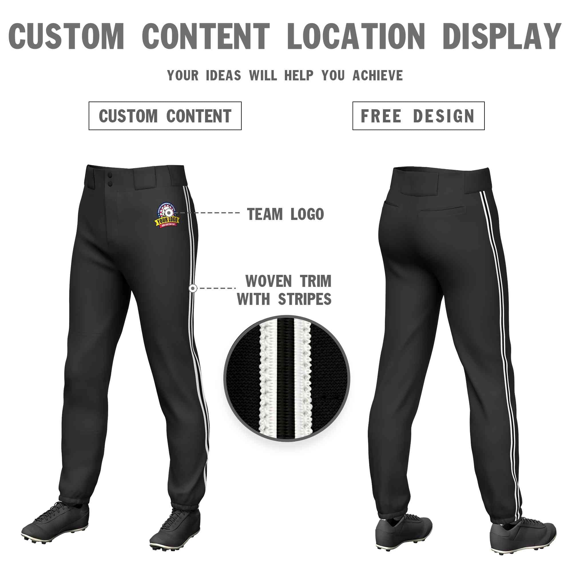 Custom Black White Black-White Classic Fit Stretch Practice Pull-up Baseball Pants