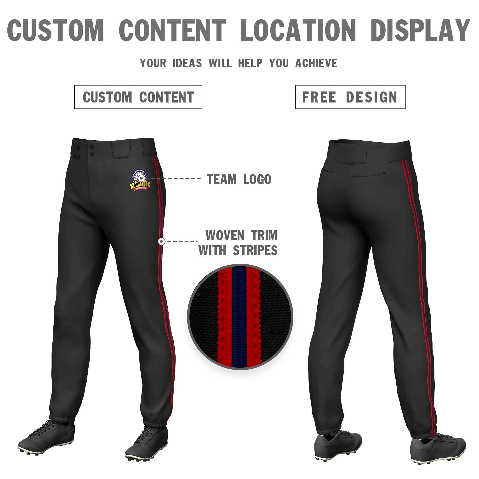 Custom Black Red Navy-Red Classic Fit Stretch Practice Pull-up Baseball Pants