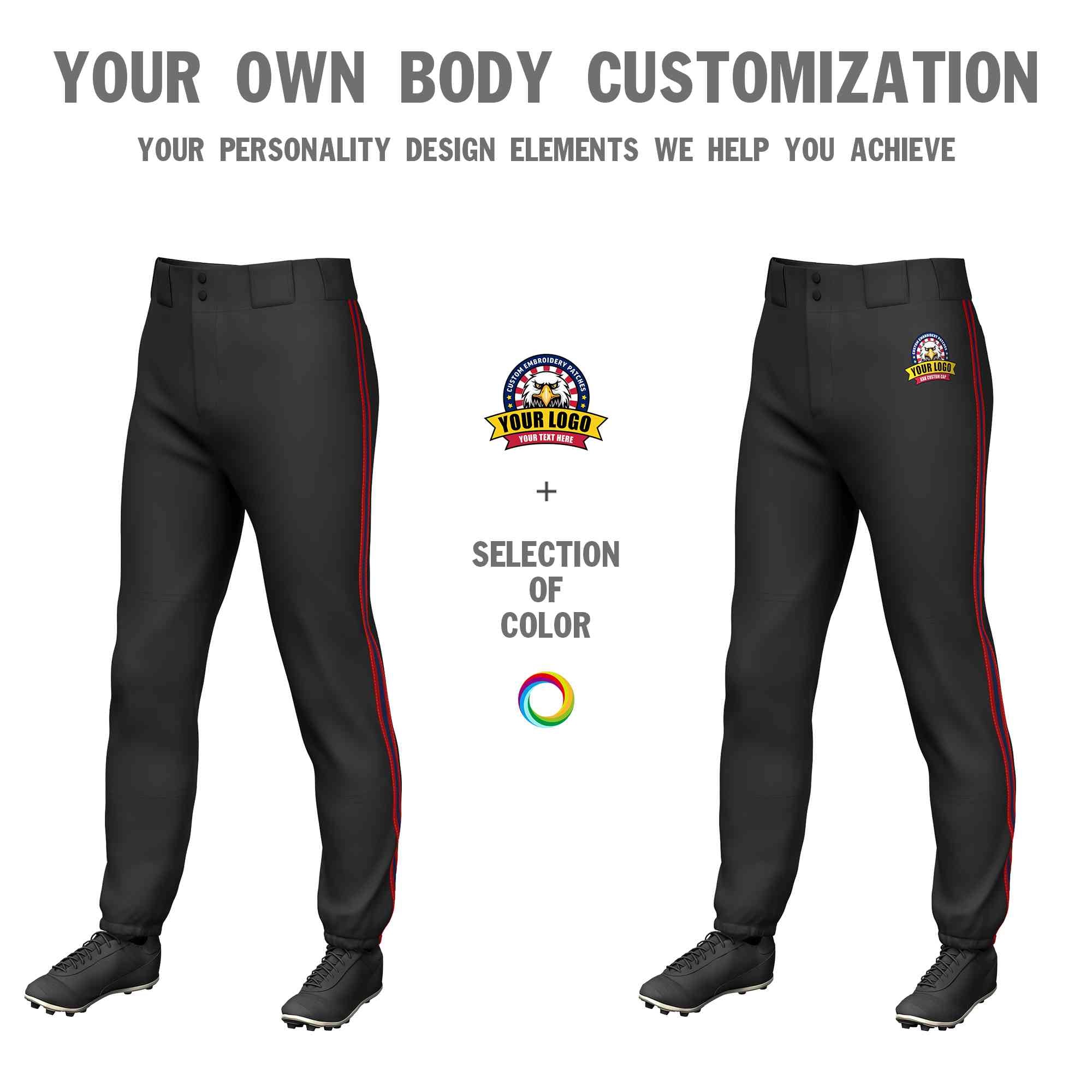 Custom Black Red Navy-Red Classic Fit Stretch Practice Pull-up Baseball Pants