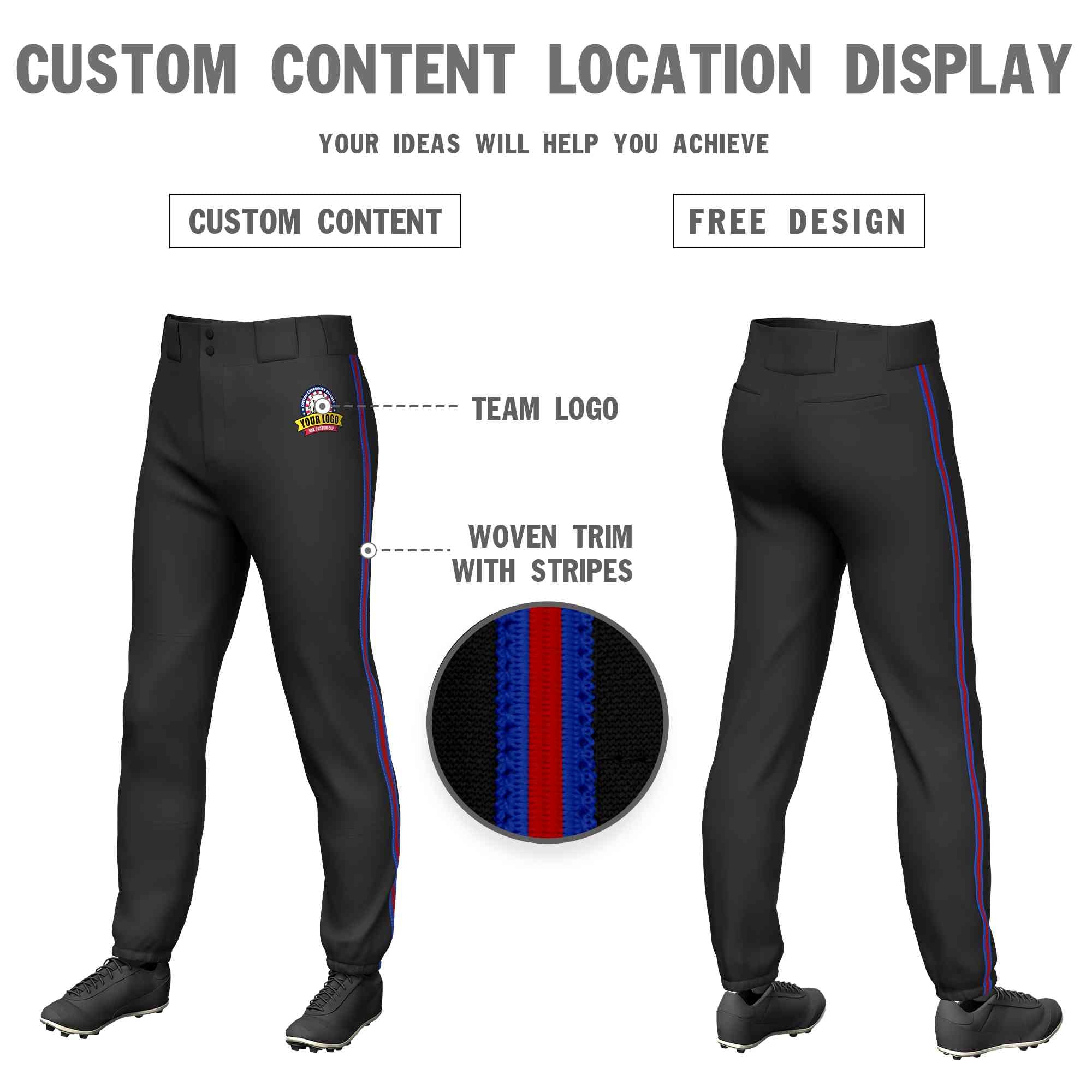 Custom Black Royal Red-Royal Classic Fit Stretch Practice Pull-up Baseball Pants