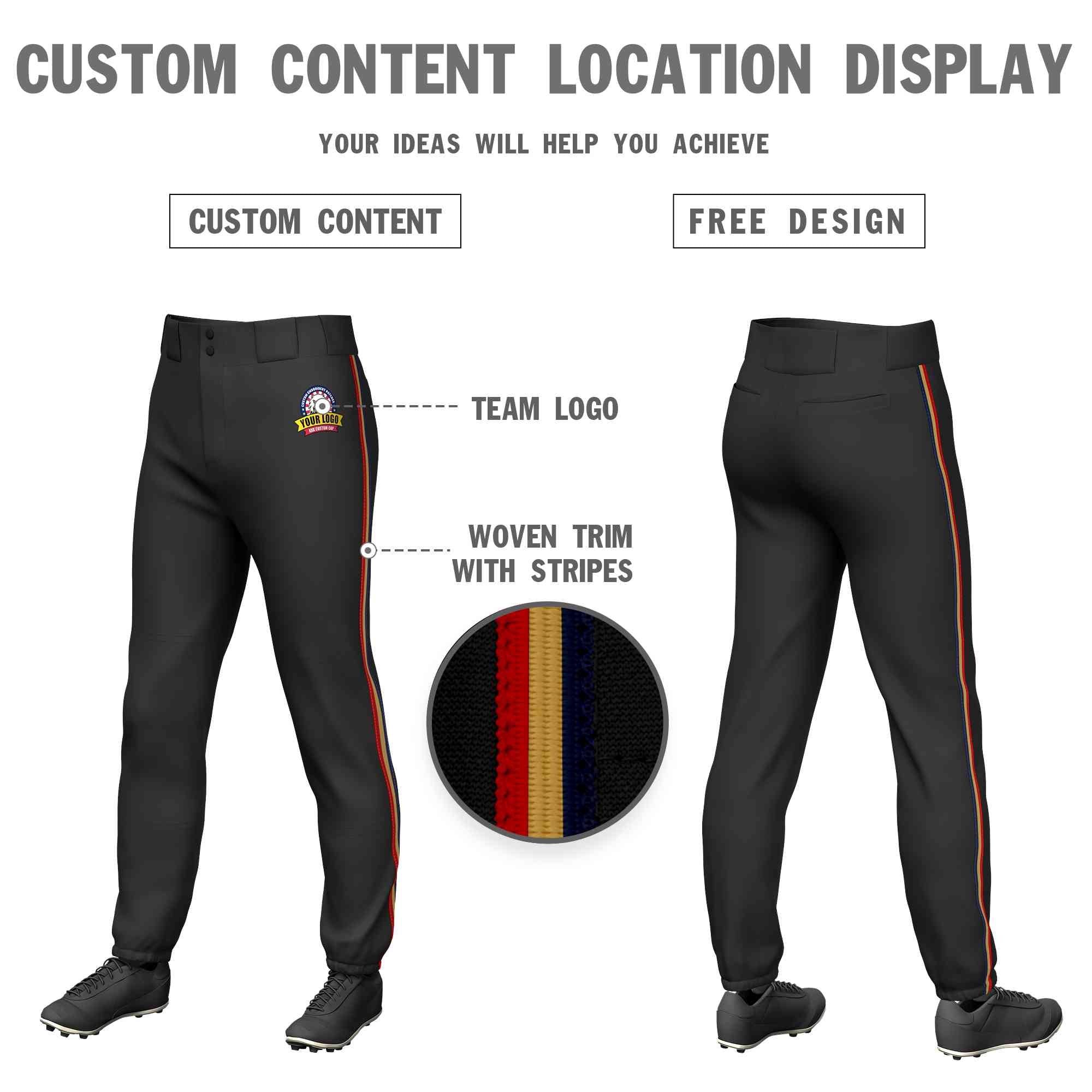 Pantalon de baseball pull-up extensible, personnalisé, noir, marine, vieux or-rouge, coupe classique