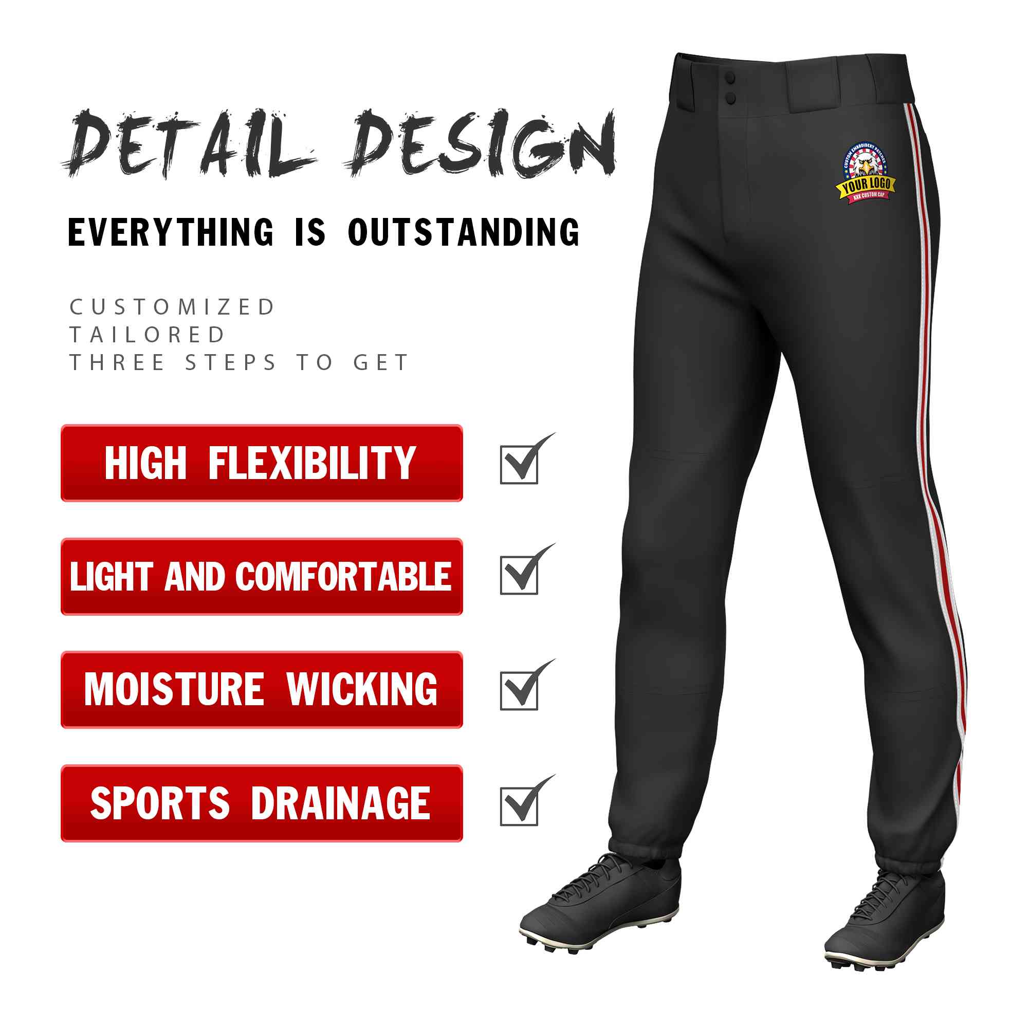 Custom Black White Red-White Classic Fit Stretch Practice Pull-up Baseball Pants