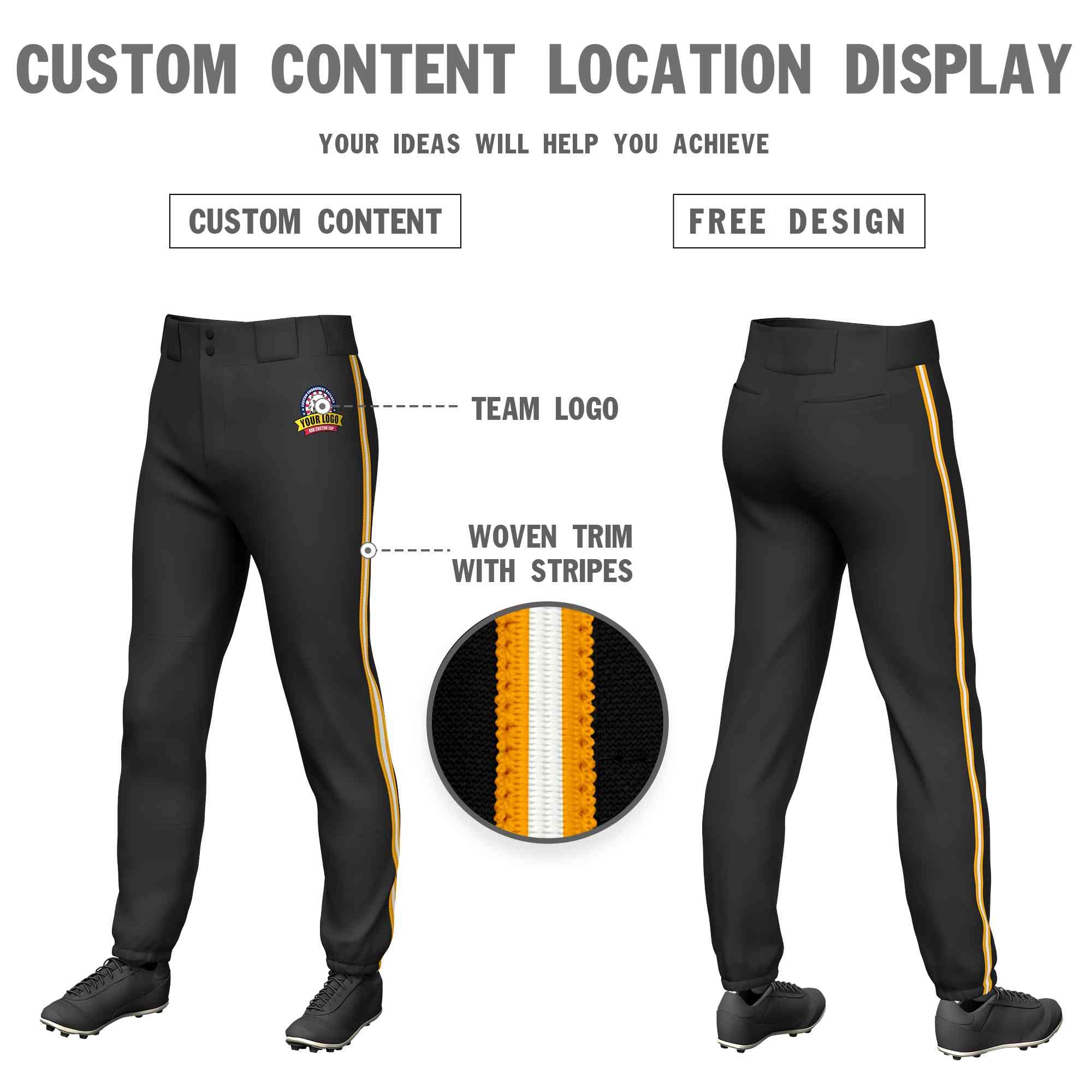 Custom Black Yellow White-Yellow Classic Fit Stretch Practice Pull-up Baseball Pants