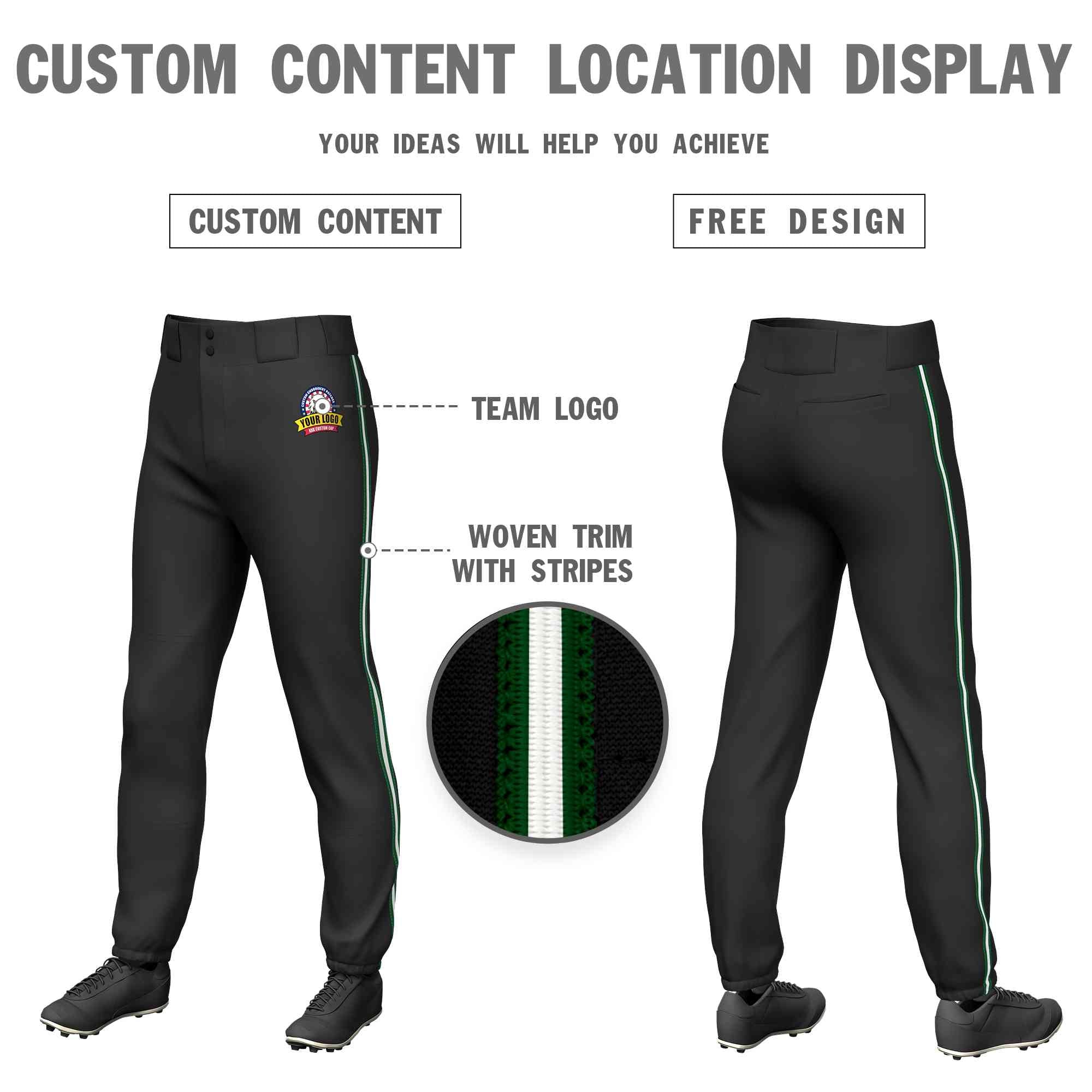 Custom Black Green White-Green Classic Fit Stretch Practice Pull-up Baseball Pants