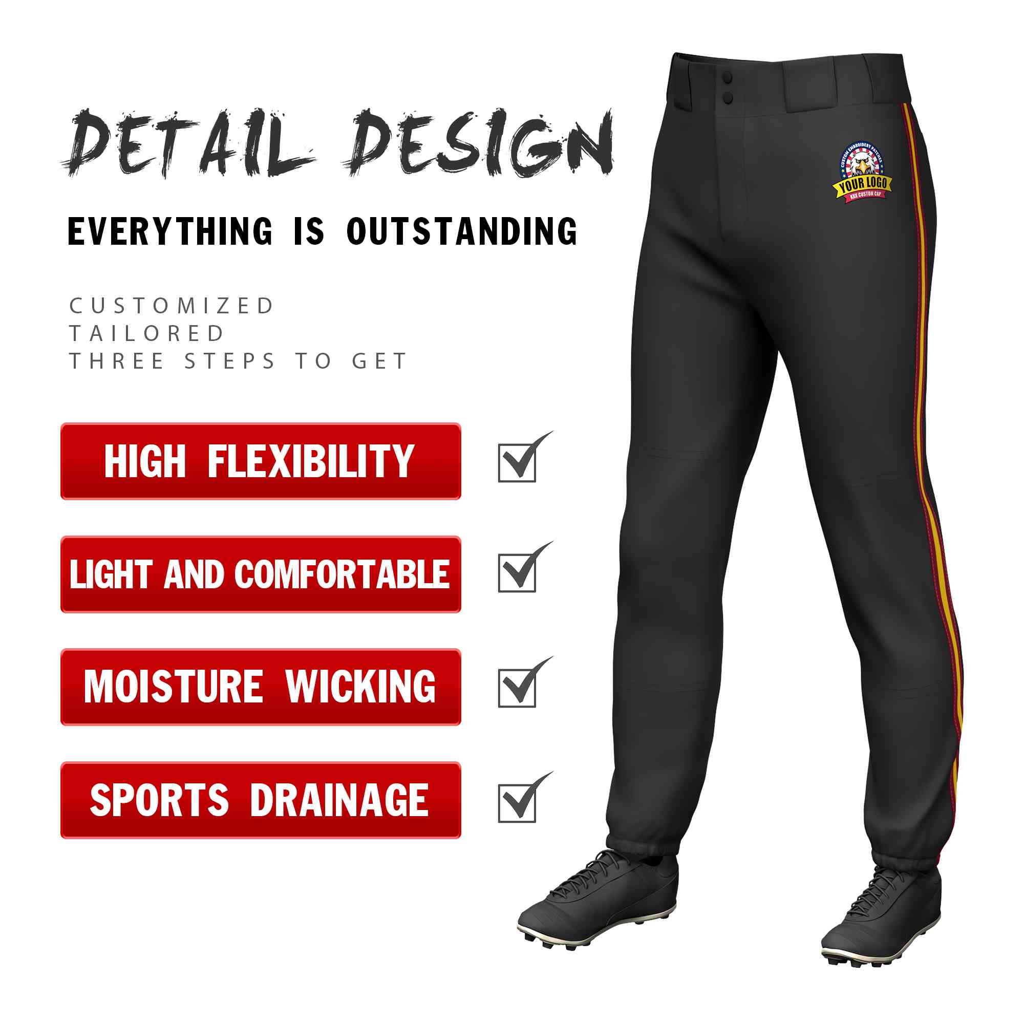 Custom Black Crimson Gold-Crimson Classic Fit Stretch Practice Pull-up Baseball Pants