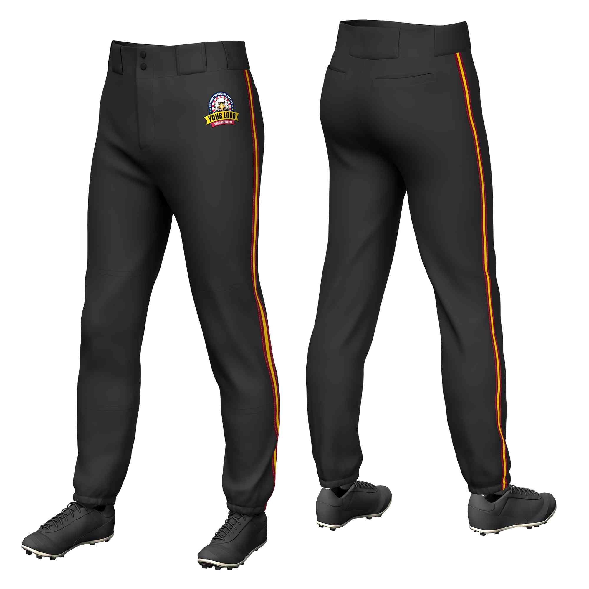 Pantalon de baseball pull-up extensible personnalisé noir cramoisi or-cramoisi coupe classique