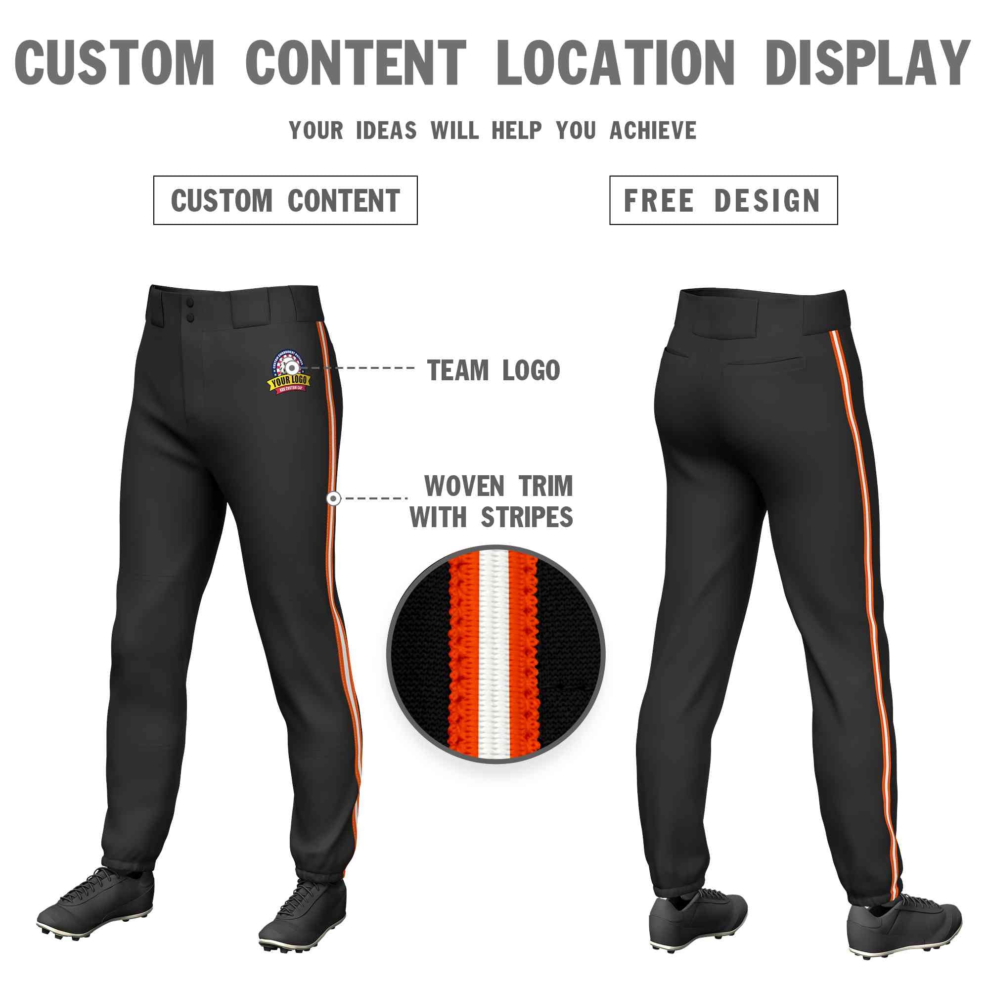 Pantalon de baseball pull-up extensible, coupe classique, personnalisé, noir, orange, blanc-orange