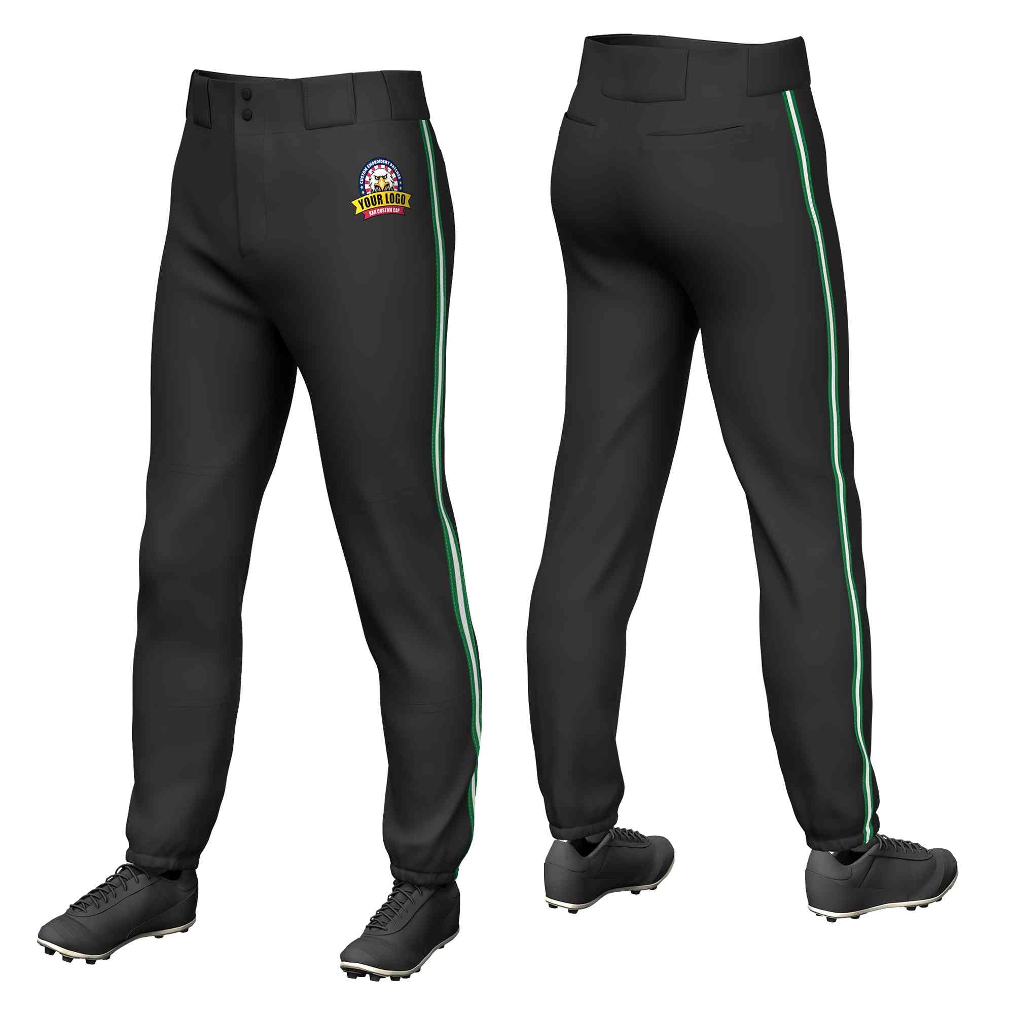 Pantalon de baseball à traction extensible, personnalisé, noir, vert Kelly, blanc-vert Kelly, coupe classique