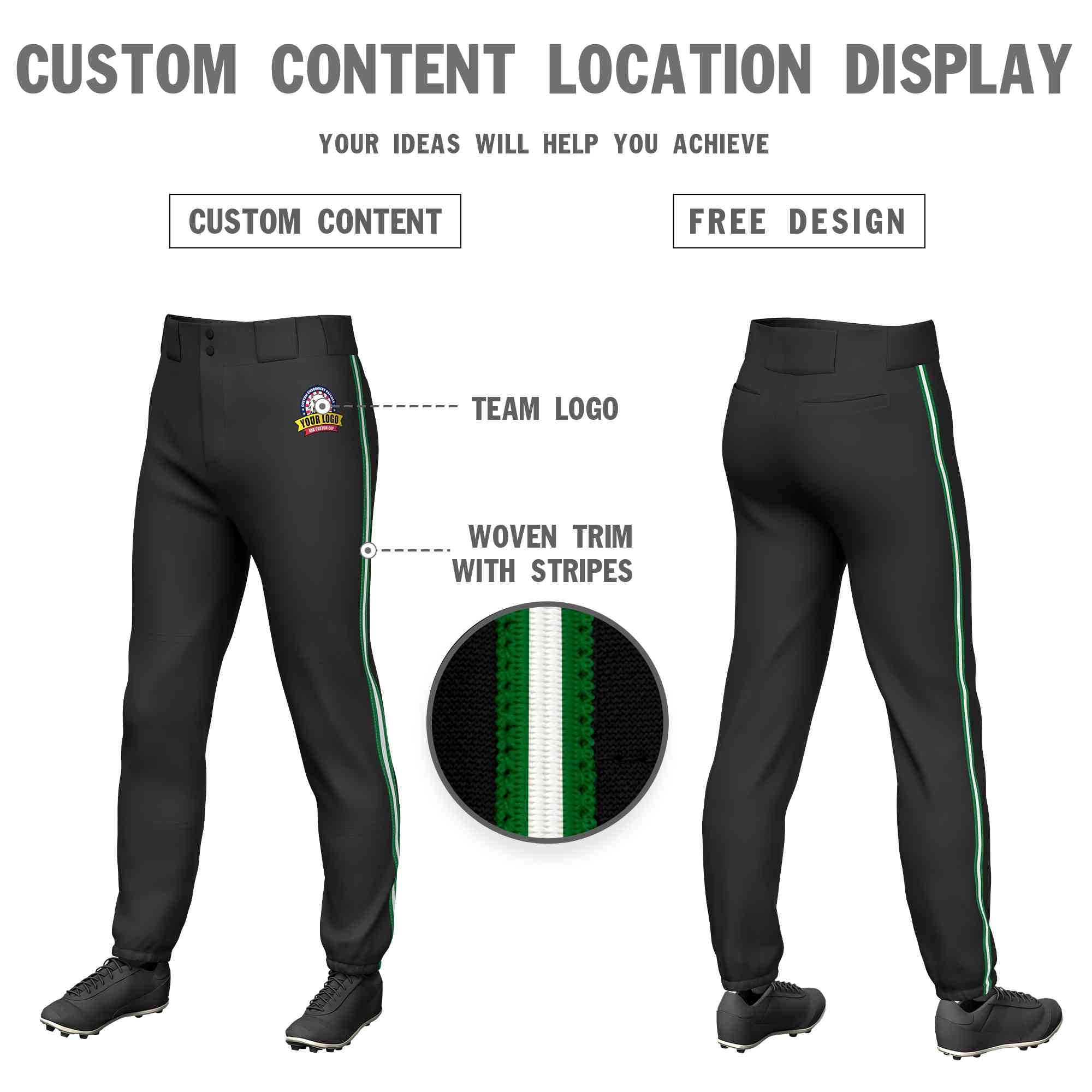 Pantalon de baseball à traction extensible, personnalisé, noir, vert Kelly, blanc-vert Kelly, coupe classique