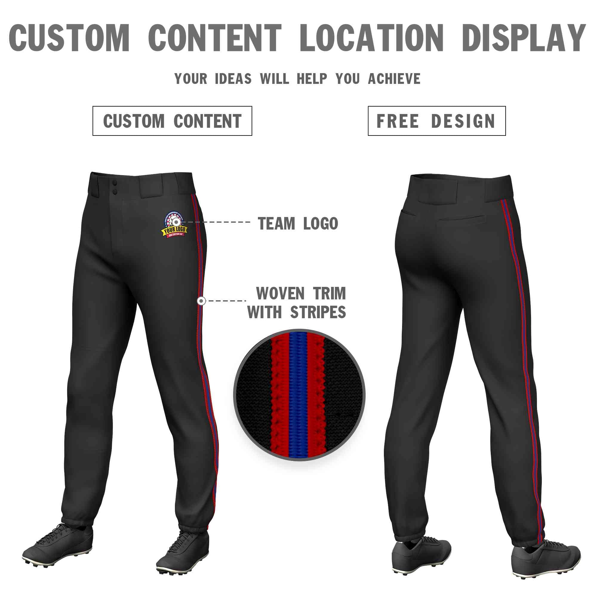 Custom Black Red Royal-Red Classic Fit Stretch Practice Pull-up Baseball Pants