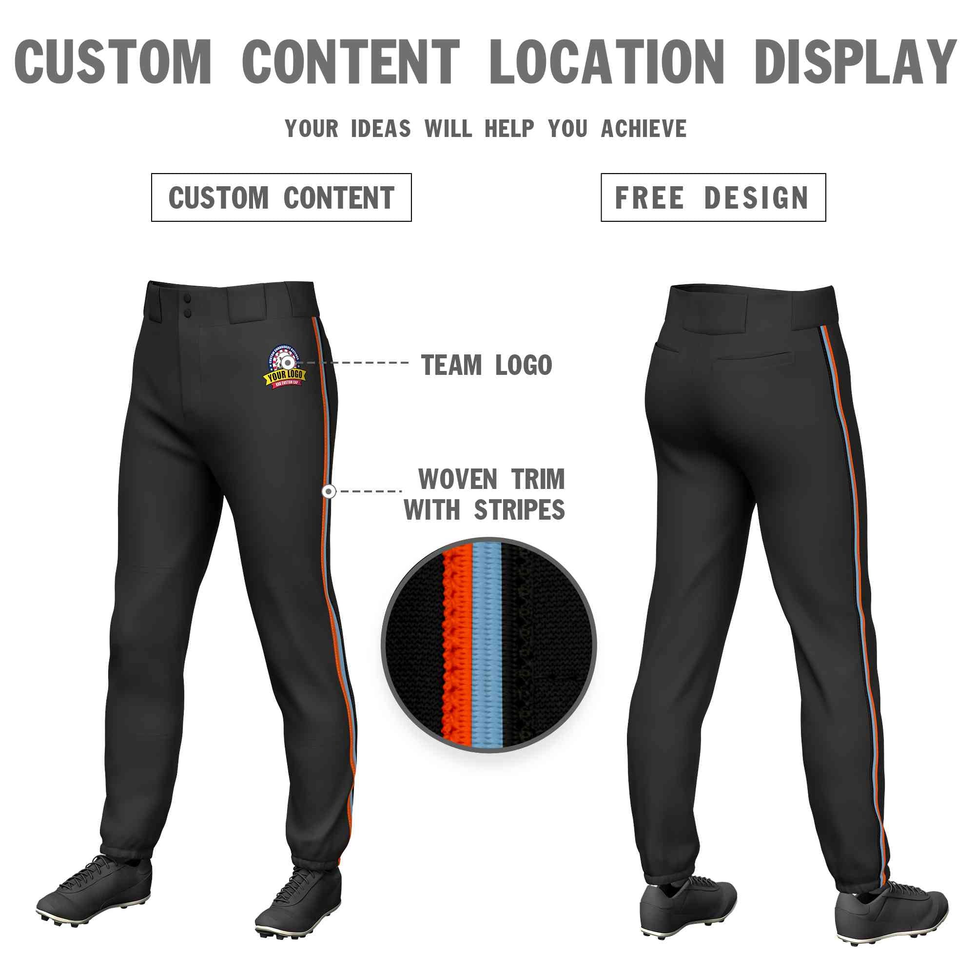 Pantalon de baseball pull-up extensible, personnalisé, noir, orange, bleu clair-noir, coupe classique