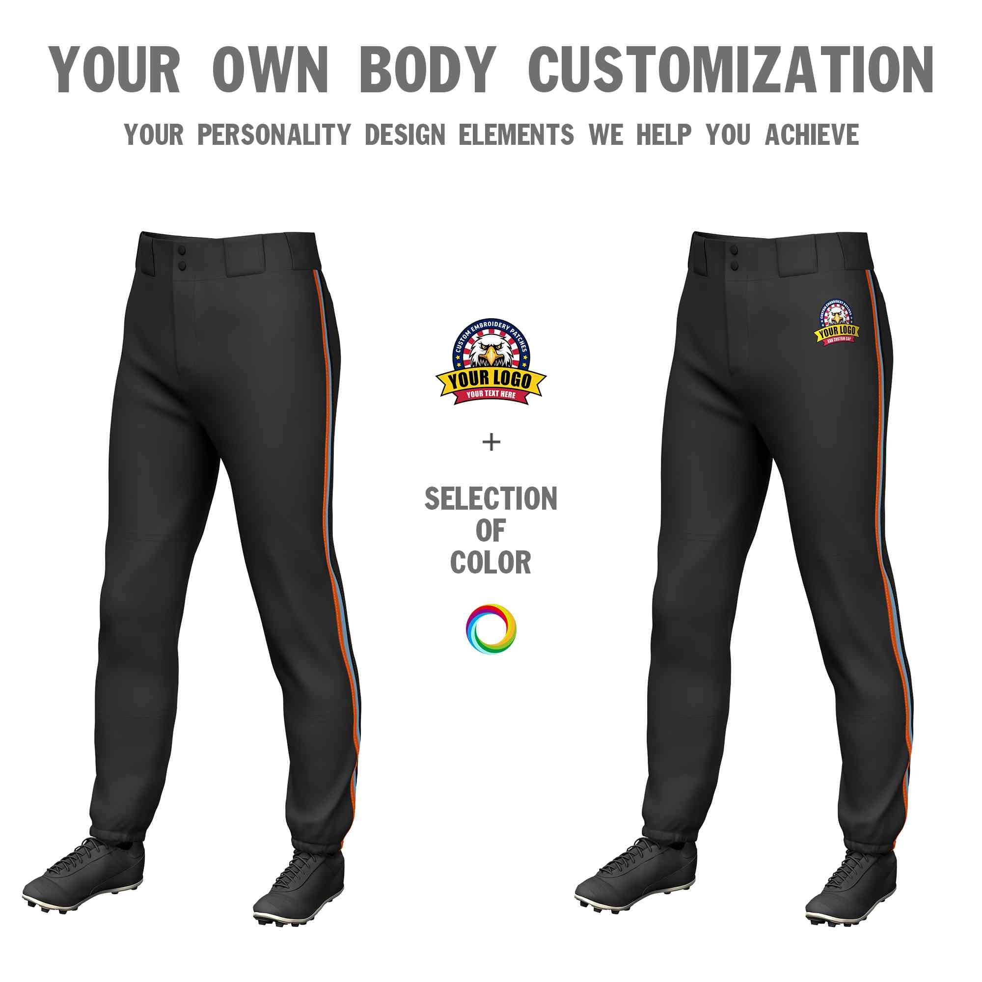 Pantalon de baseball pull-up extensible, personnalisé, noir, orange, bleu clair-noir, coupe classique