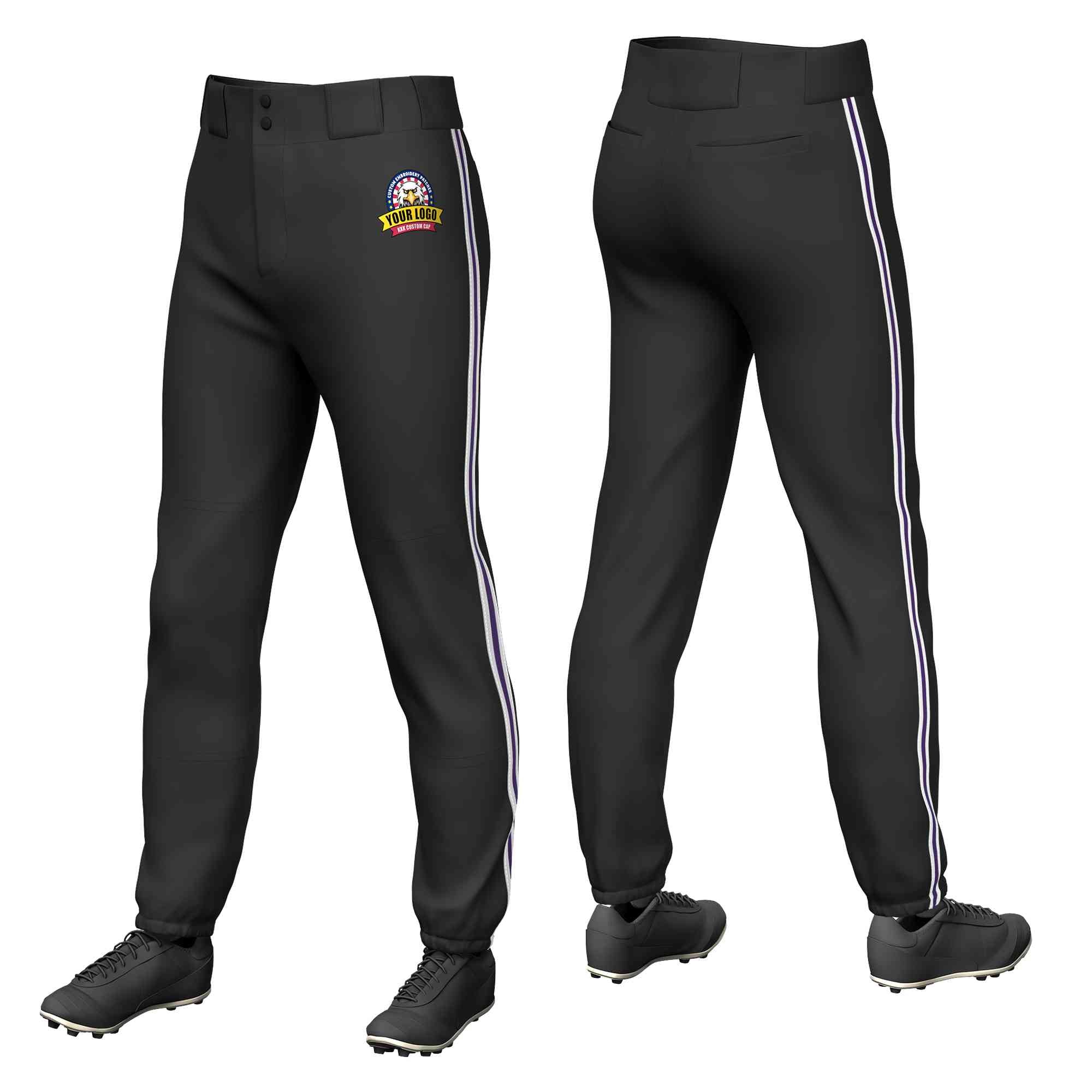 Pantalon de baseball pull-up extensible, coupe classique, personnalisé, noir, blanc, violet-blanc