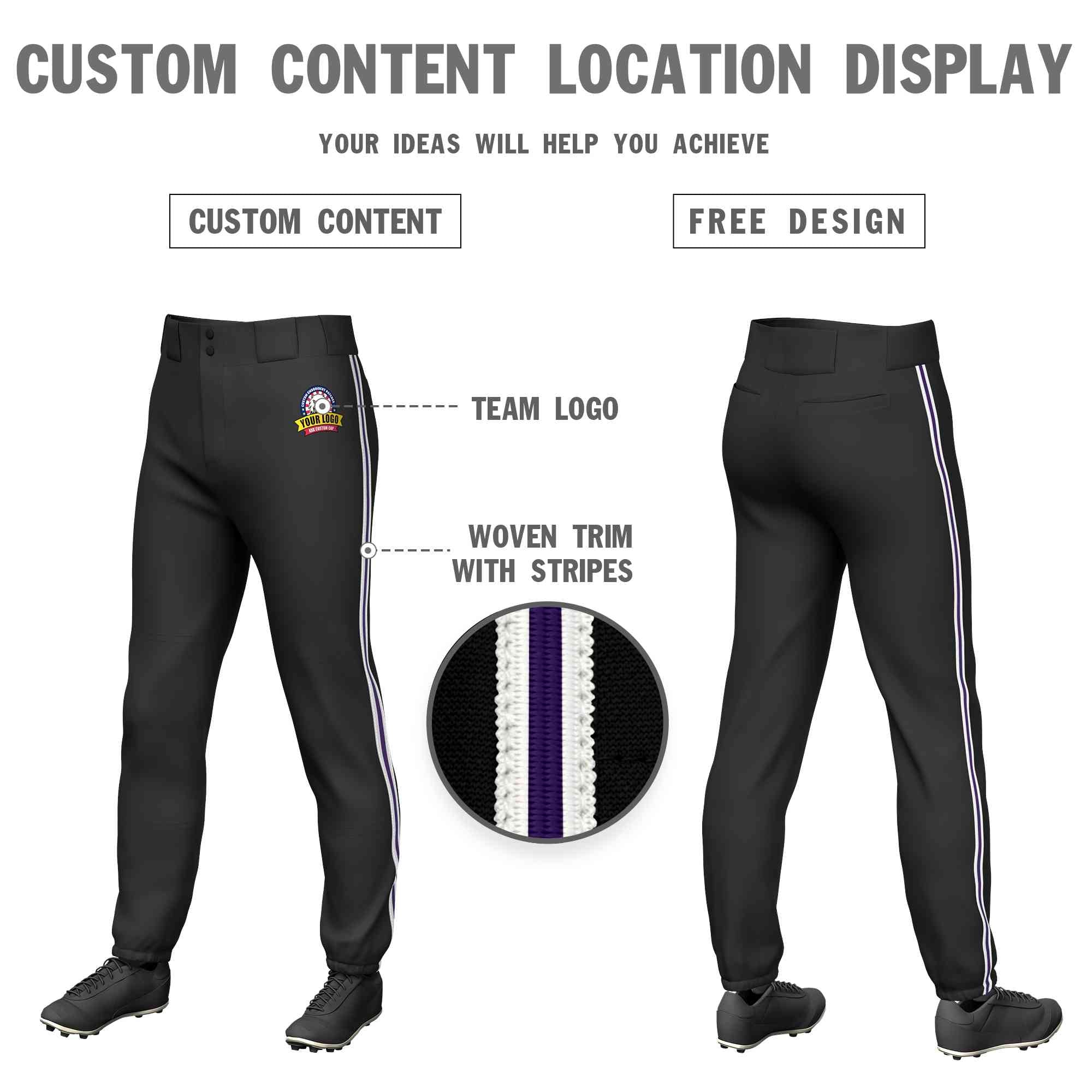 Pantalon de baseball pull-up extensible, coupe classique, personnalisé, noir, blanc, violet-blanc