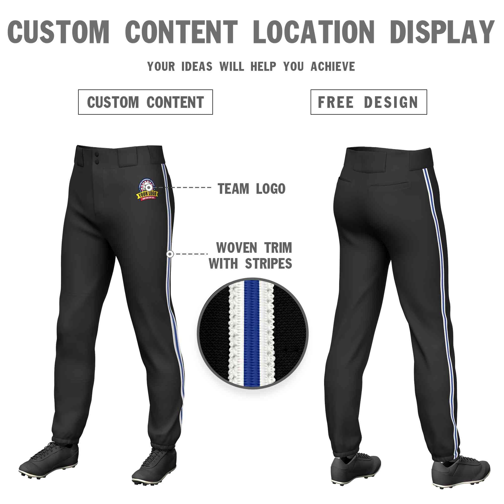 Pantalon de baseball pull-up extensible, personnalisé, noir, blanc, royal-blanc, coupe classique