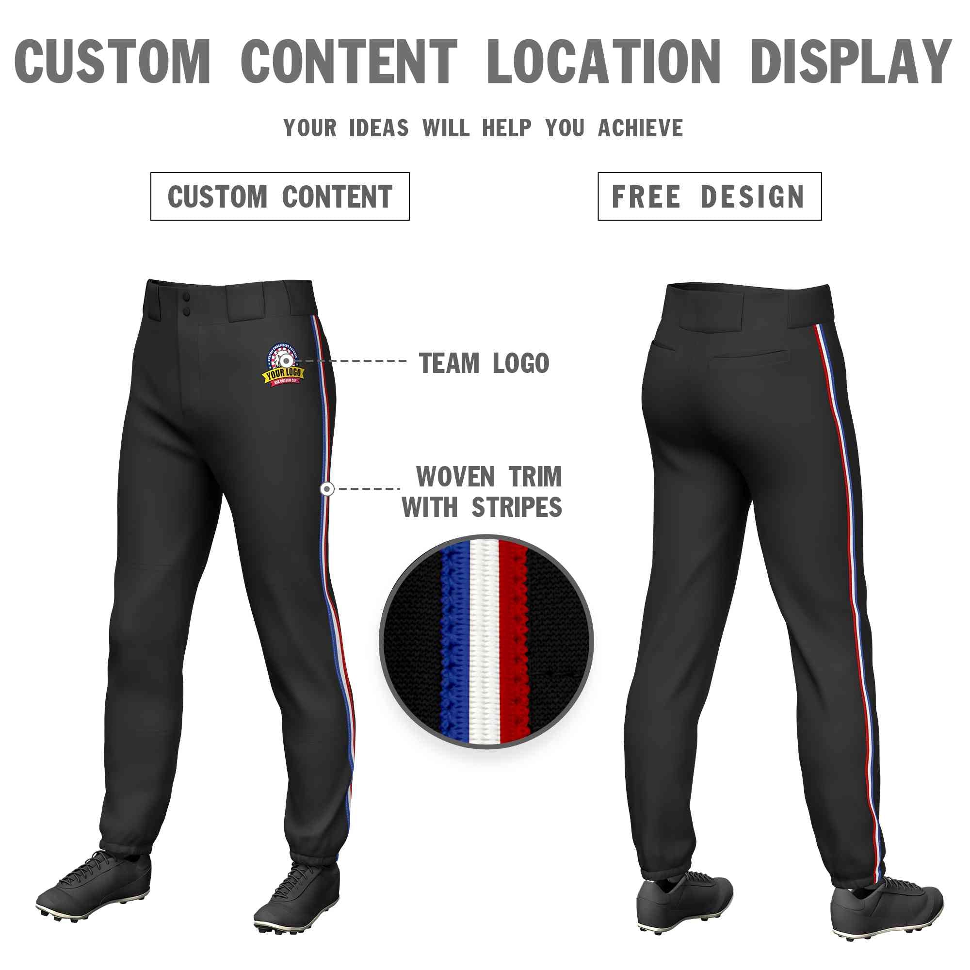 Custom Black Royal White-Red Classic Fit Stretch Practice Pull-up Baseball Pants