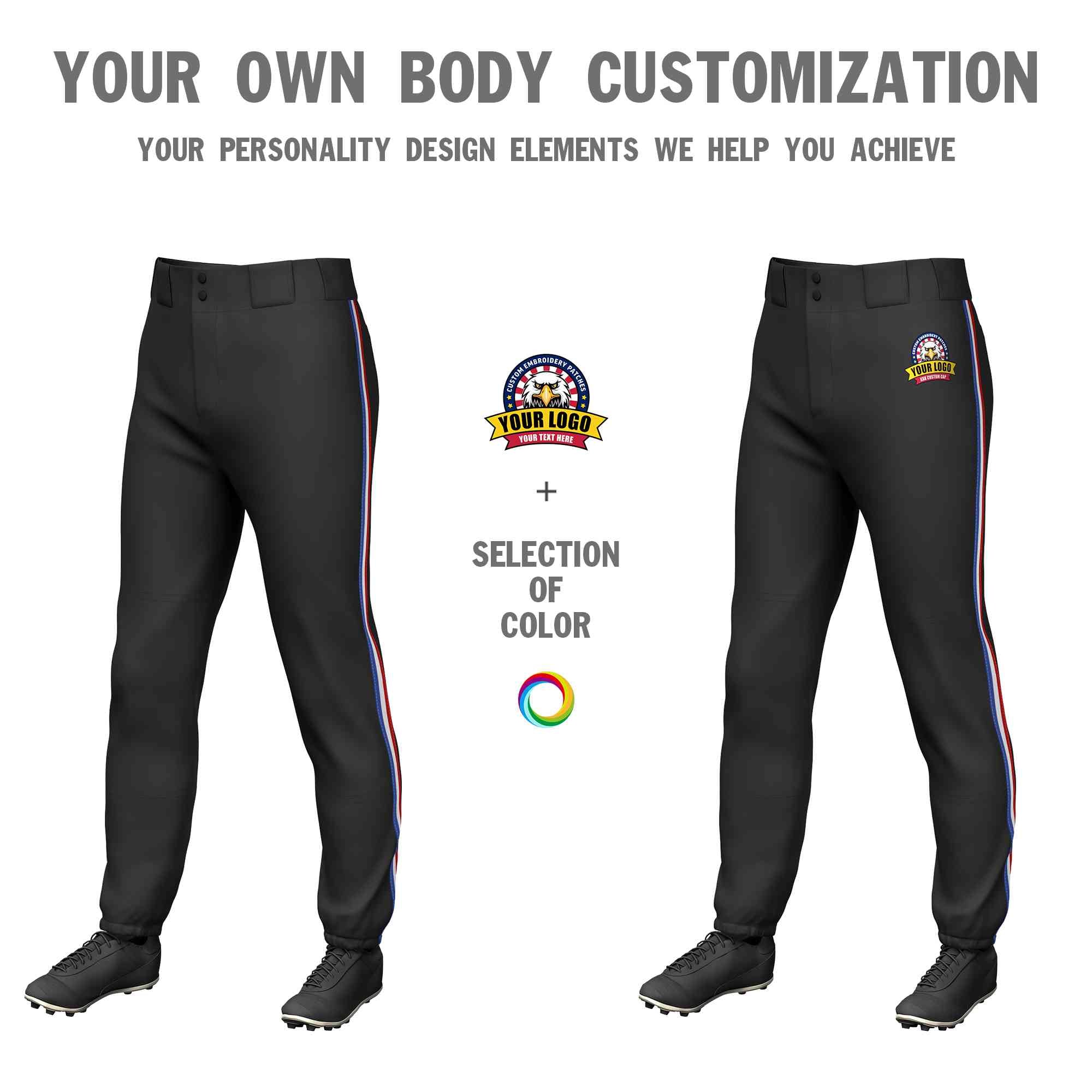 Custom Black Royal White-Red Classic Fit Stretch Practice Pull-up Baseball Pants