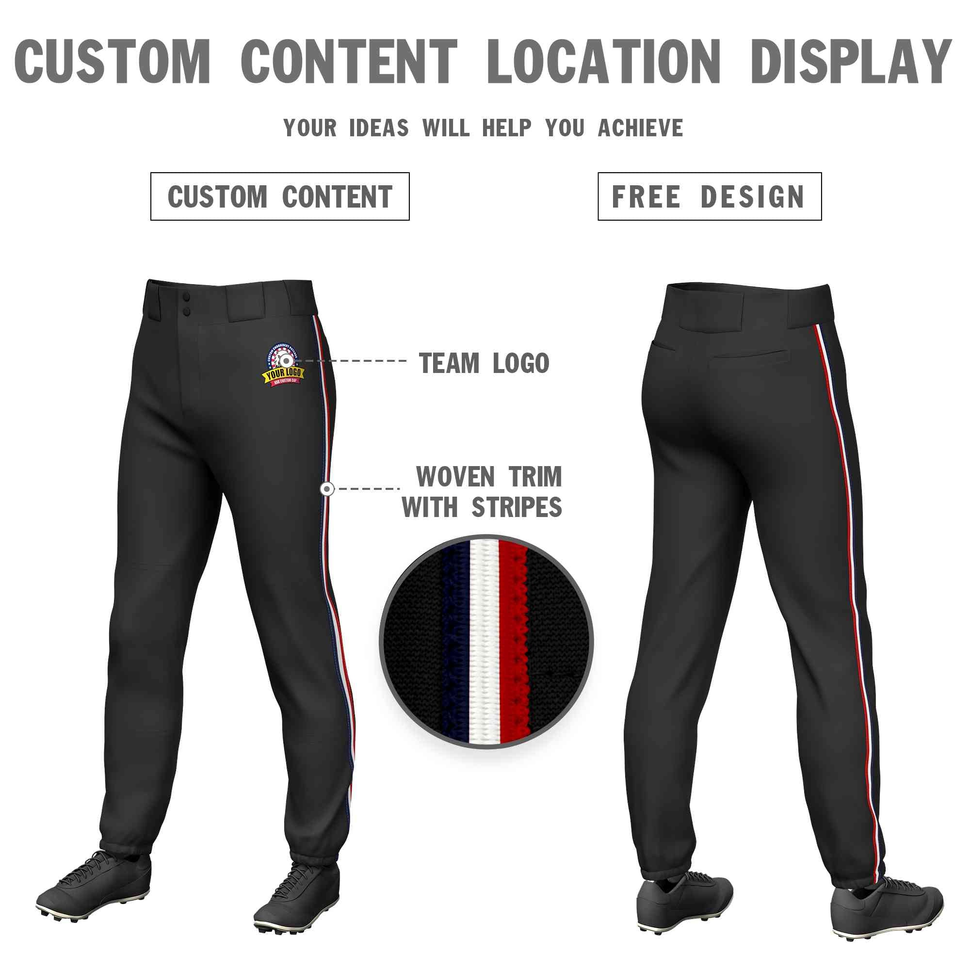 Custom Black Navy White-Red Classic Fit Stretch Practice Pull-up Baseball Pants