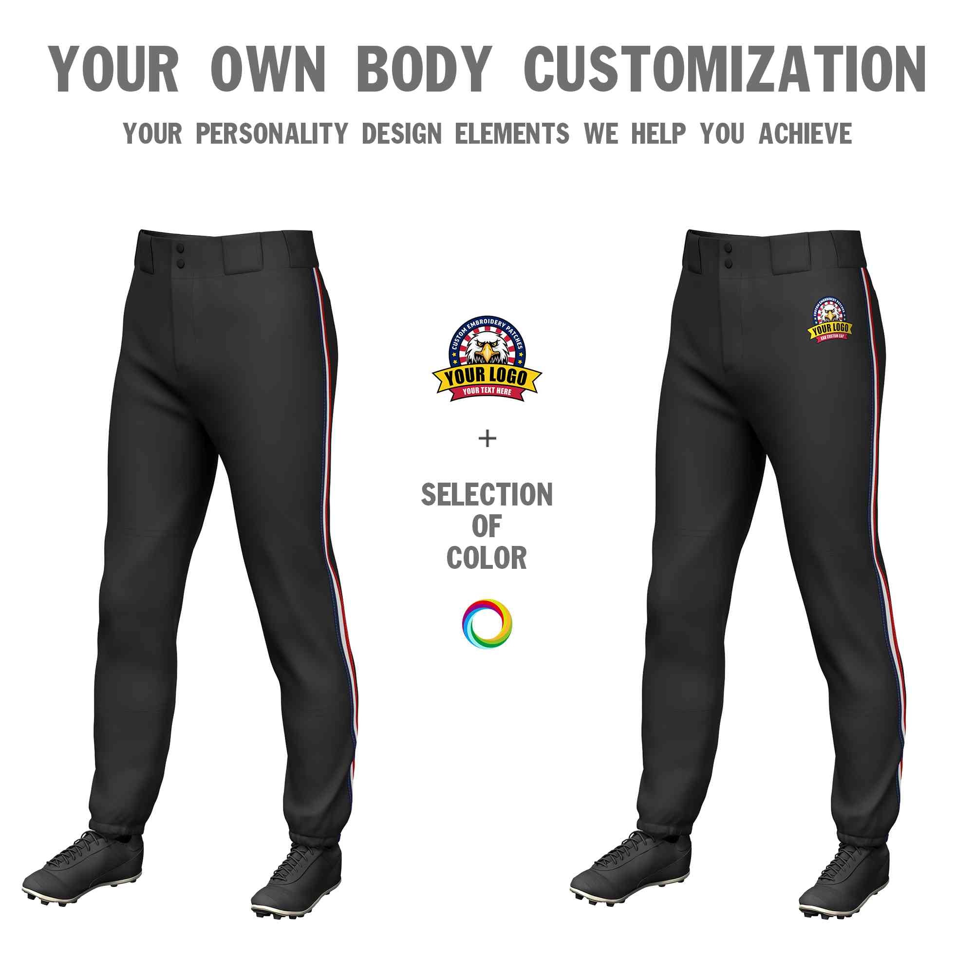 Custom Black Navy White-Red Classic Fit Stretch Practice Pull-up Baseball Pants