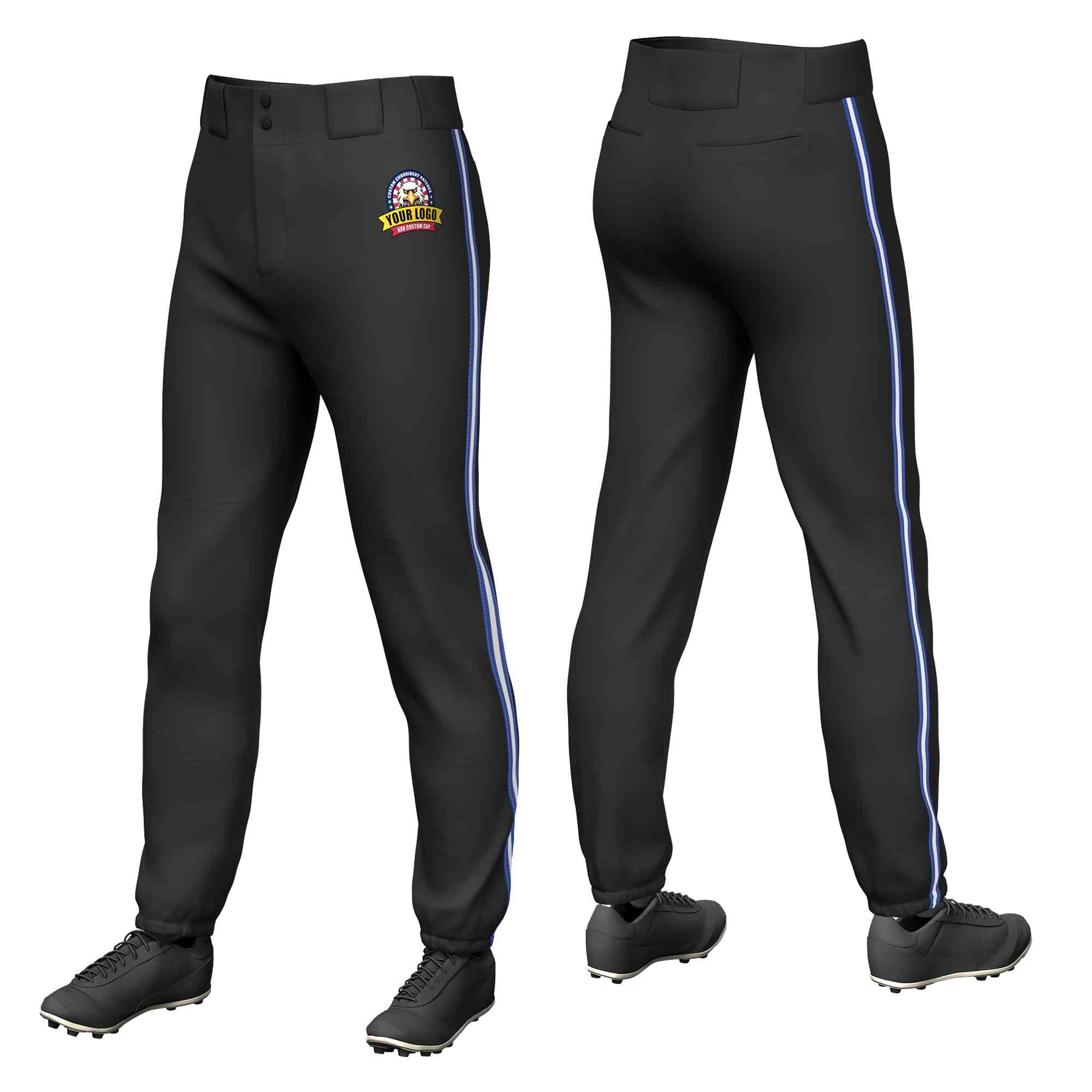 Custom Black Royal White-Royal Classic Fit Stretch Practice Pull-up Baseball Pants