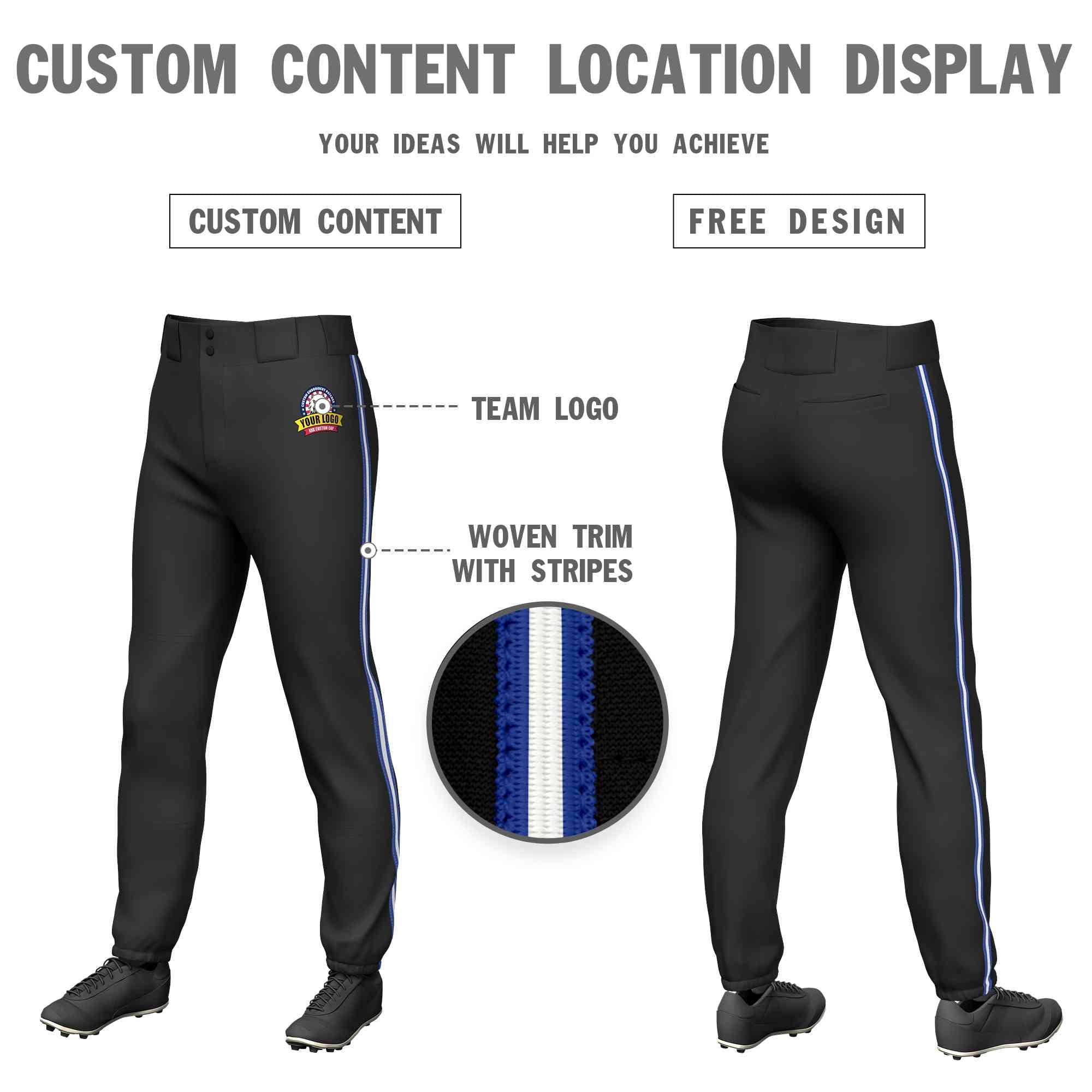 Pantalon de baseball pull-up extensible personnalisé noir royal blanc-royal coupe classique