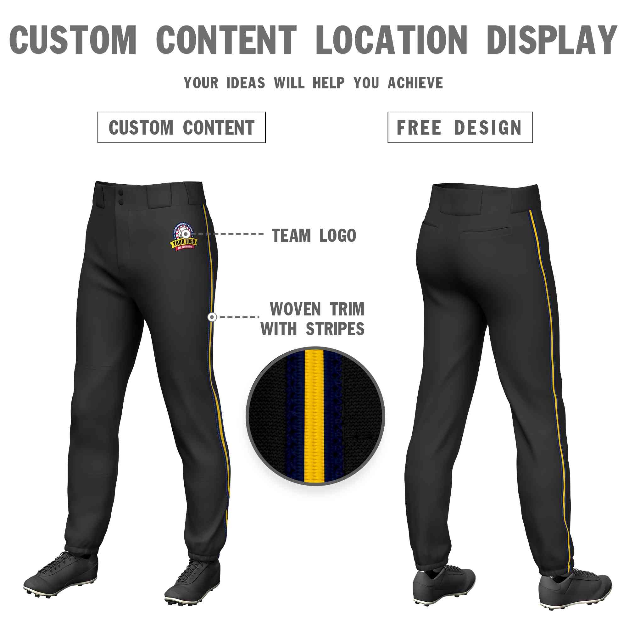 Custom Black Navy Gold-Navy Classic Fit Stretch Practice Pull-up Baseball Pants